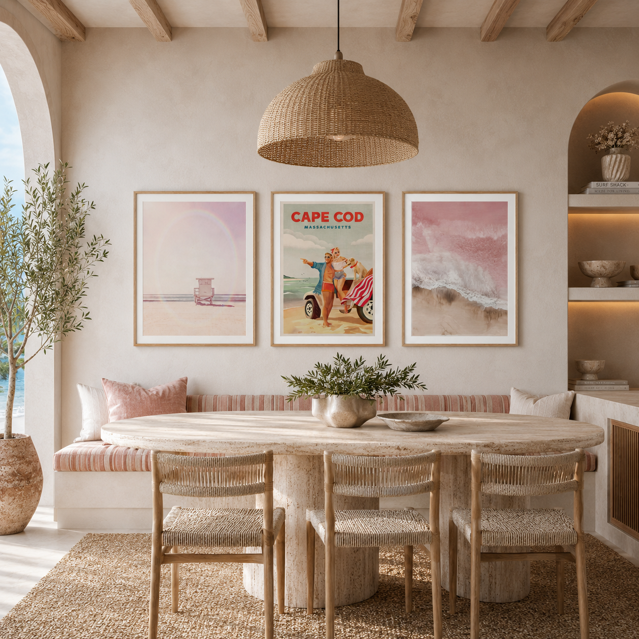 Three pastel beach prints in oak frames above a travertine dining table