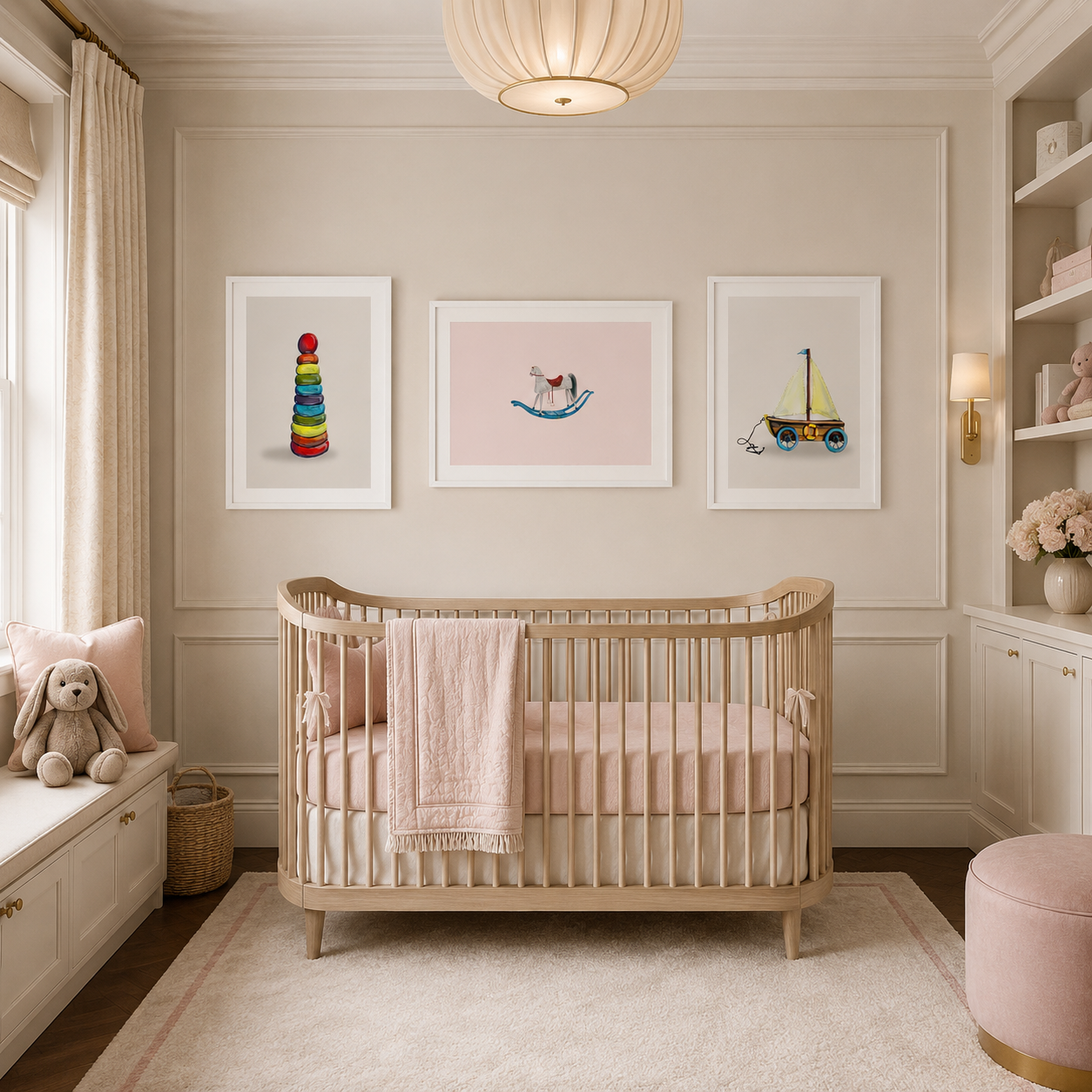 Three soft watercolour toy prints in white frames above an oak cot in a cream nursery