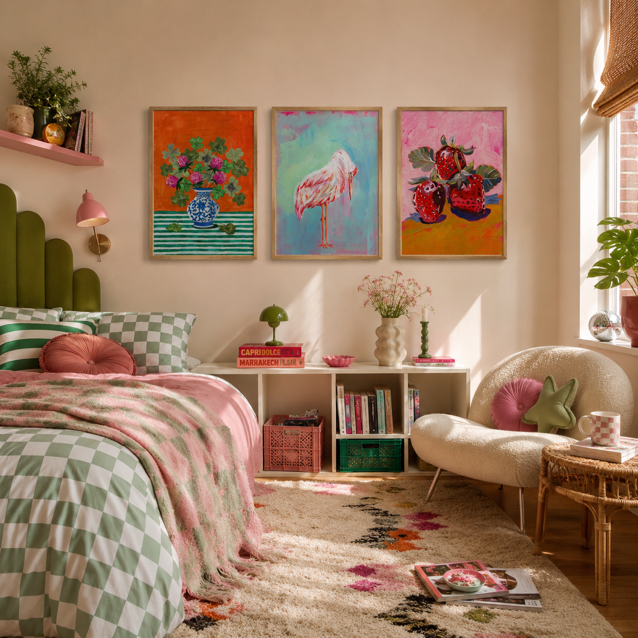 Three bright painterly prints in oak frames above a bookshelf in a pink and green children's bedroom