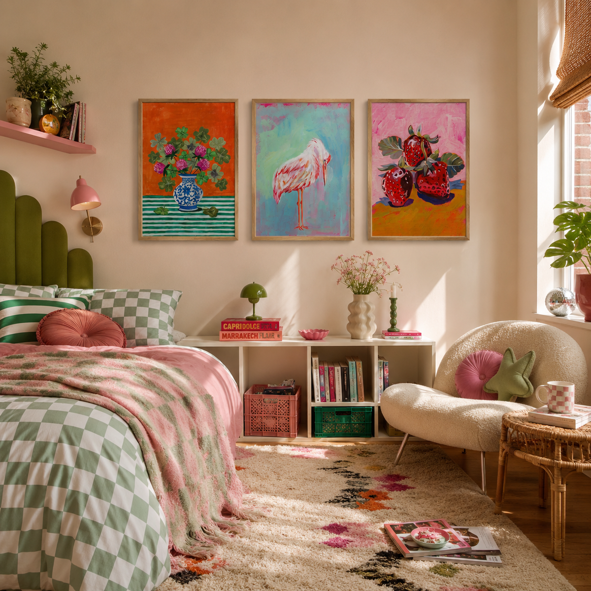Three bright painterly prints in oak frames above a bookshelf in a pink and green children's bedroom