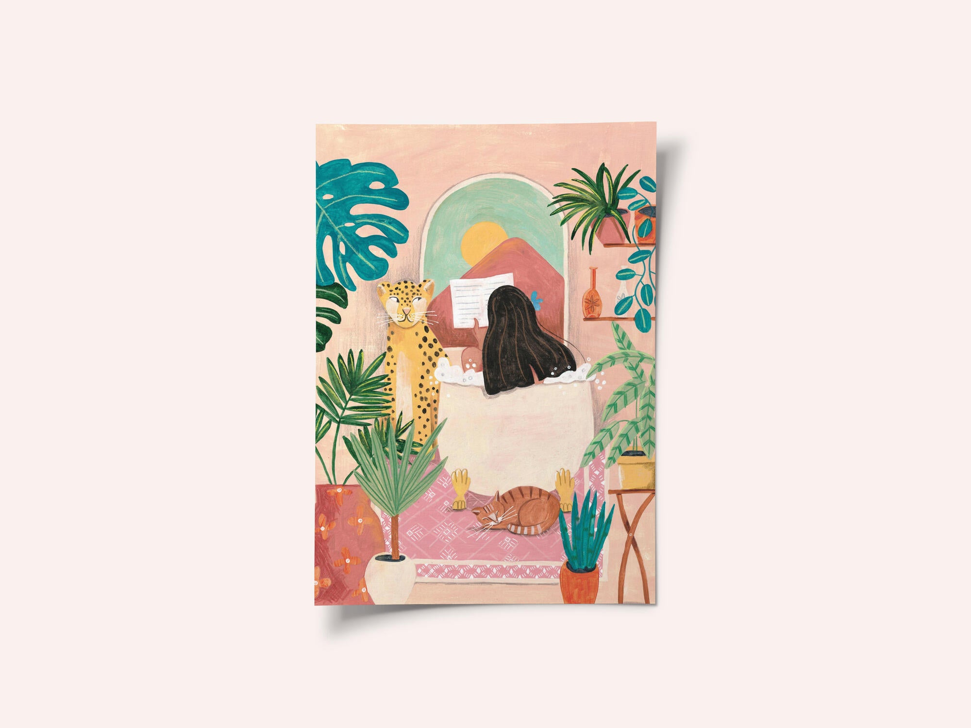 Woman taking bath in pink tropical bathroom