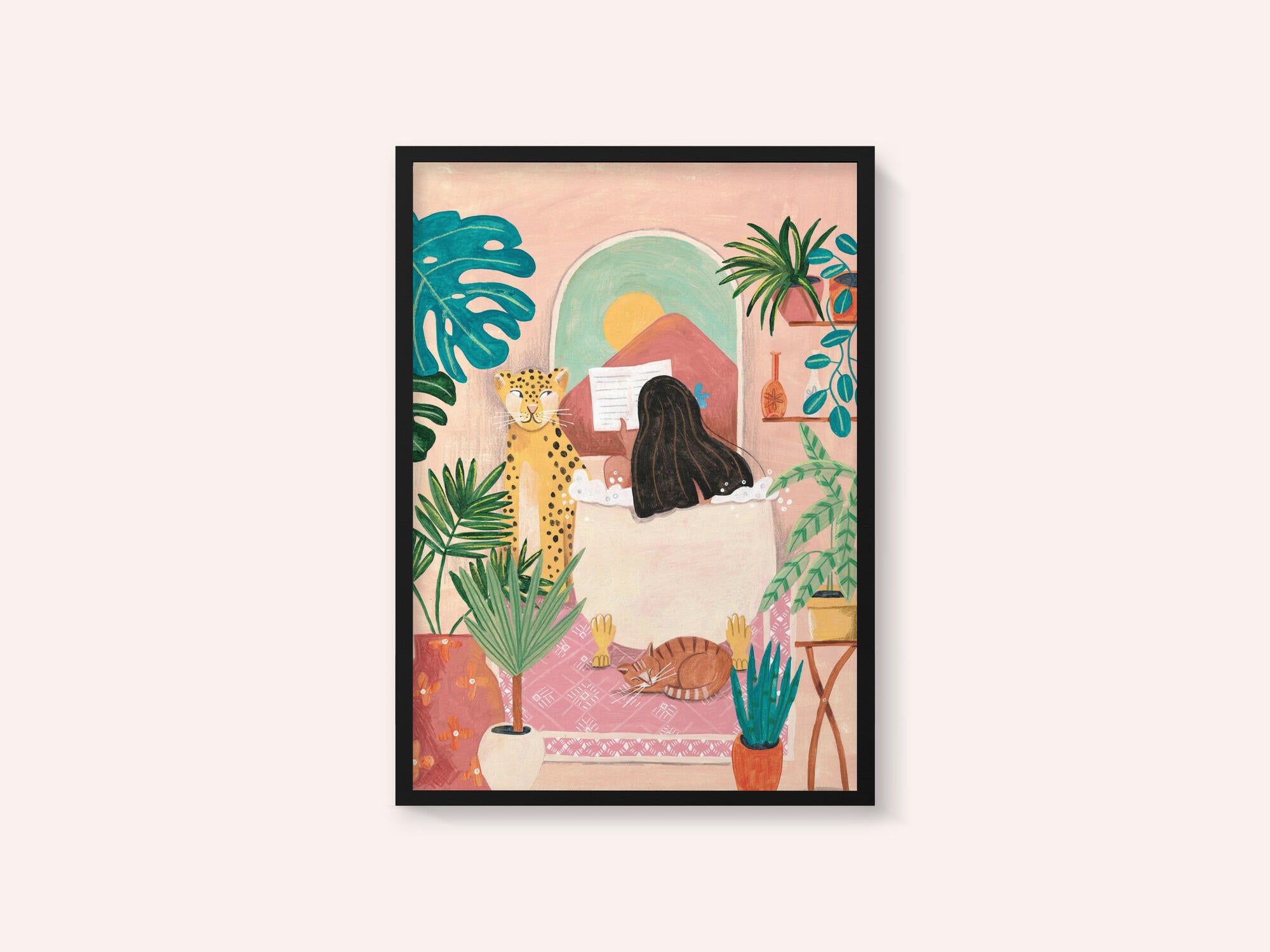 Woman taking bath in pink tropical bathroom