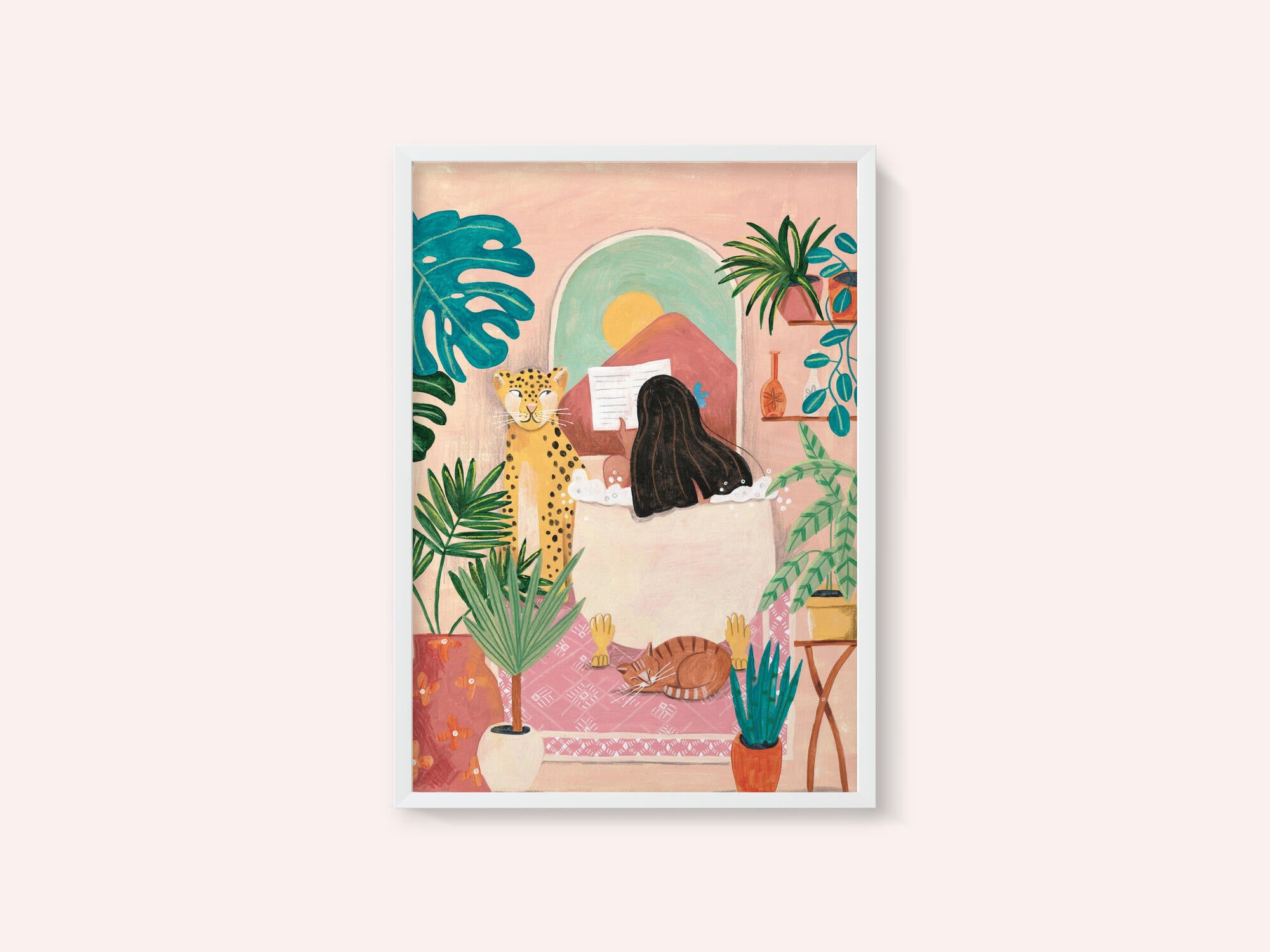 Woman taking bath in pink tropical bathroom