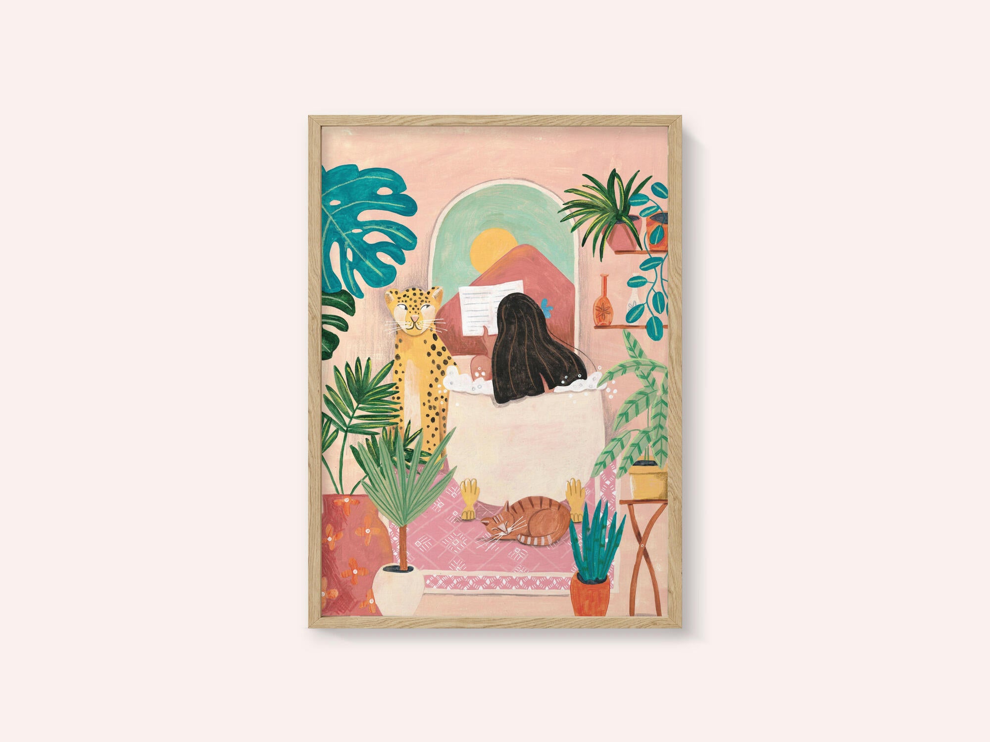 Woman taking bath in pink tropical bathroom