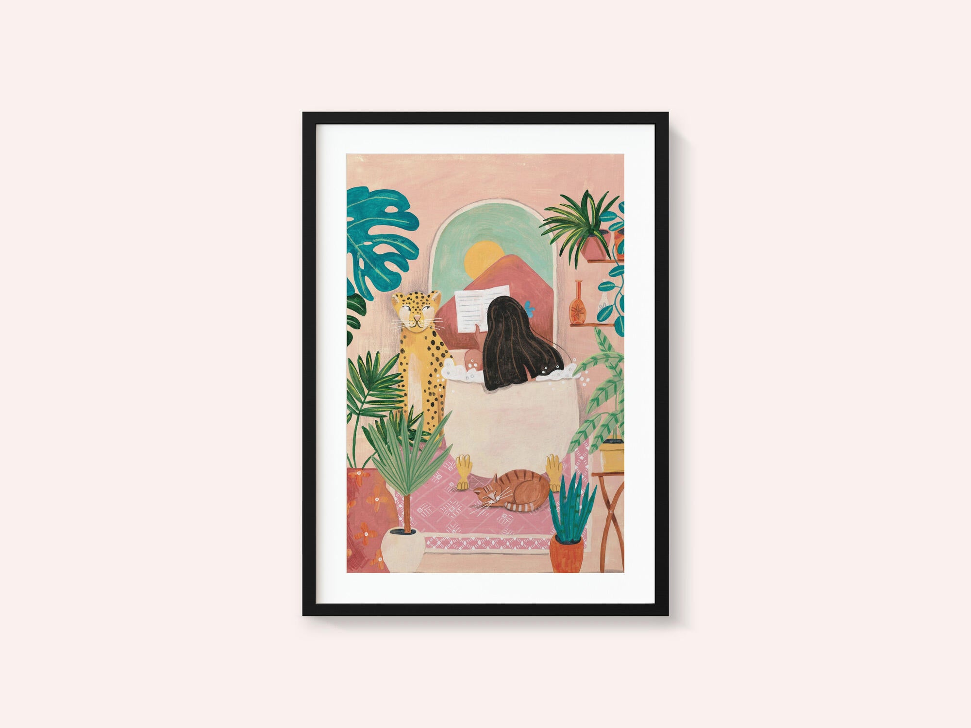 Woman taking bath in pink tropical bathroom
