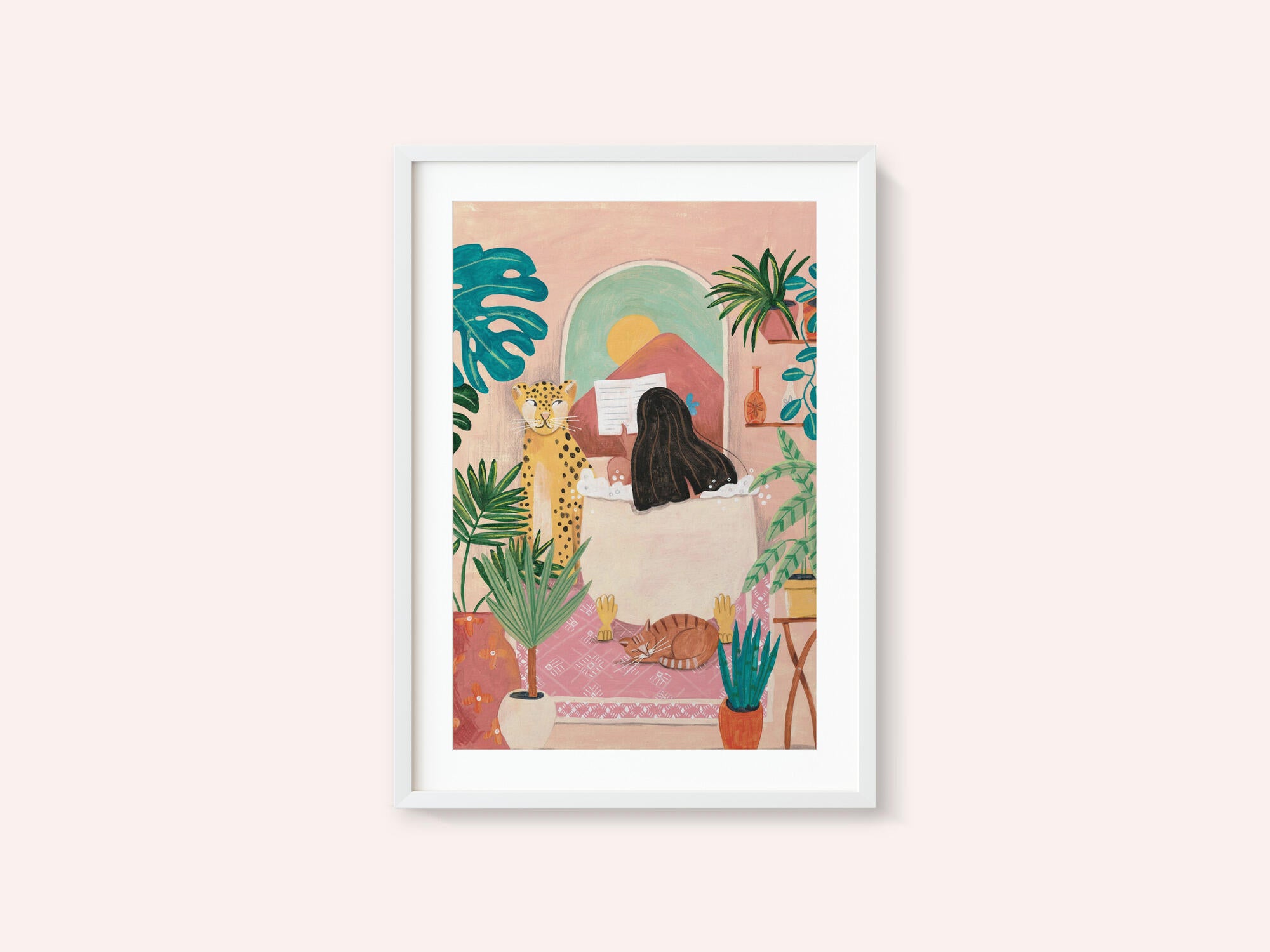 Woman taking bath in pink tropical bathroom