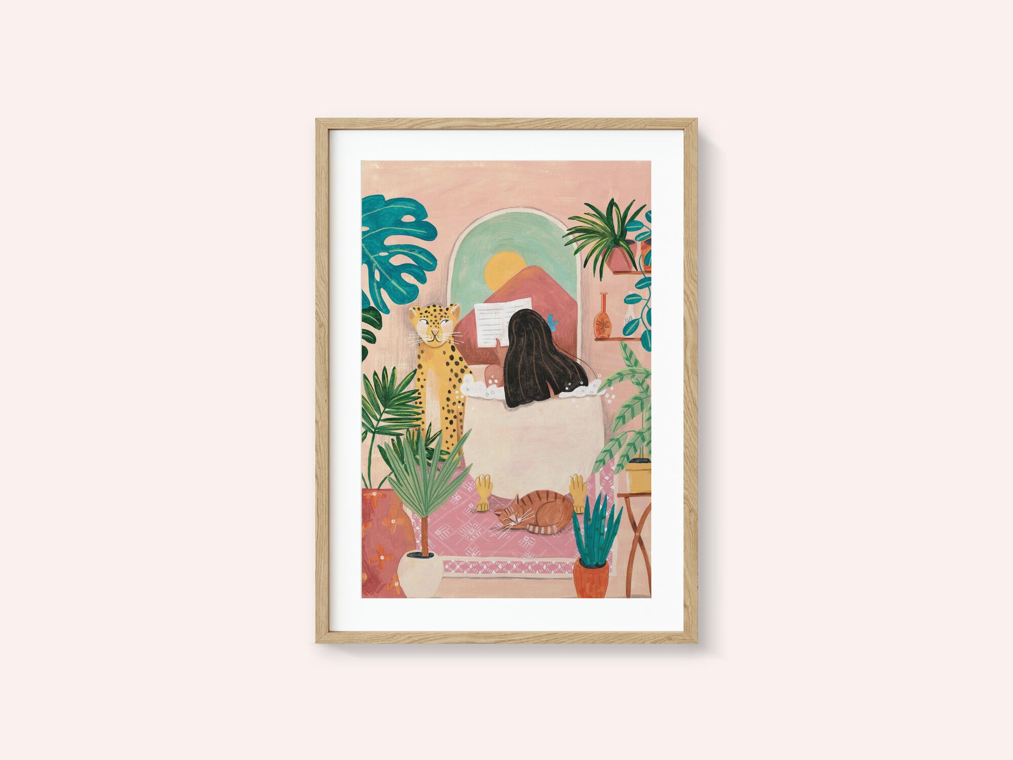 Woman taking bath in pink tropical bathroom