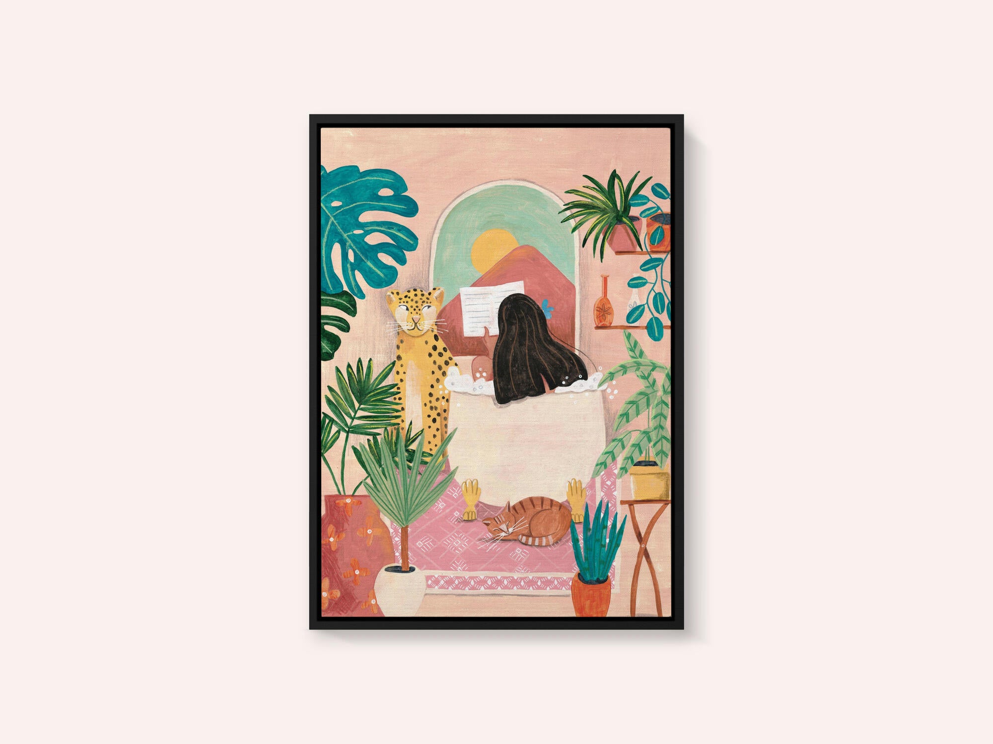 Woman taking bath in pink tropical bathroom