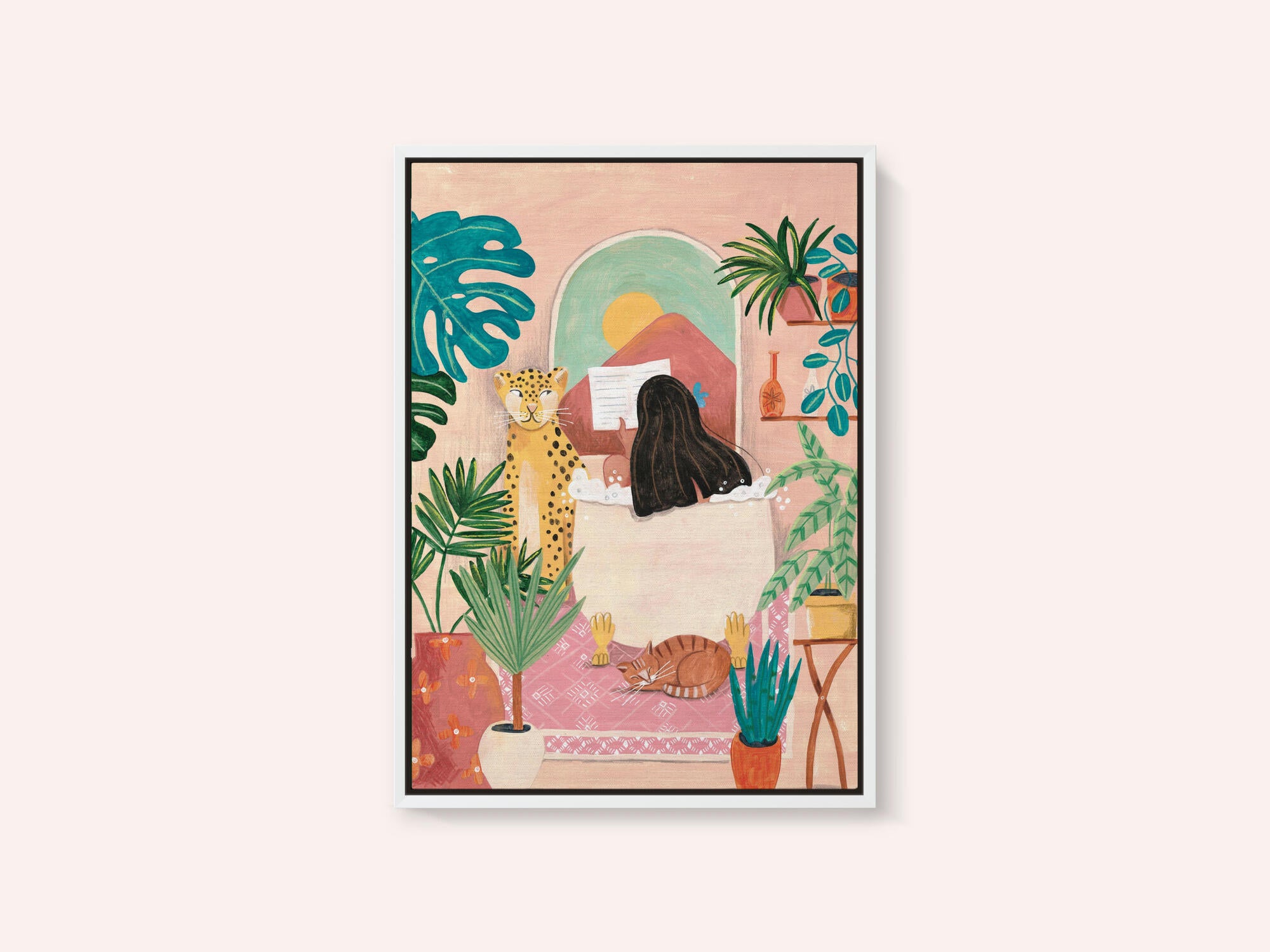 Woman taking bath in pink tropical bathroom