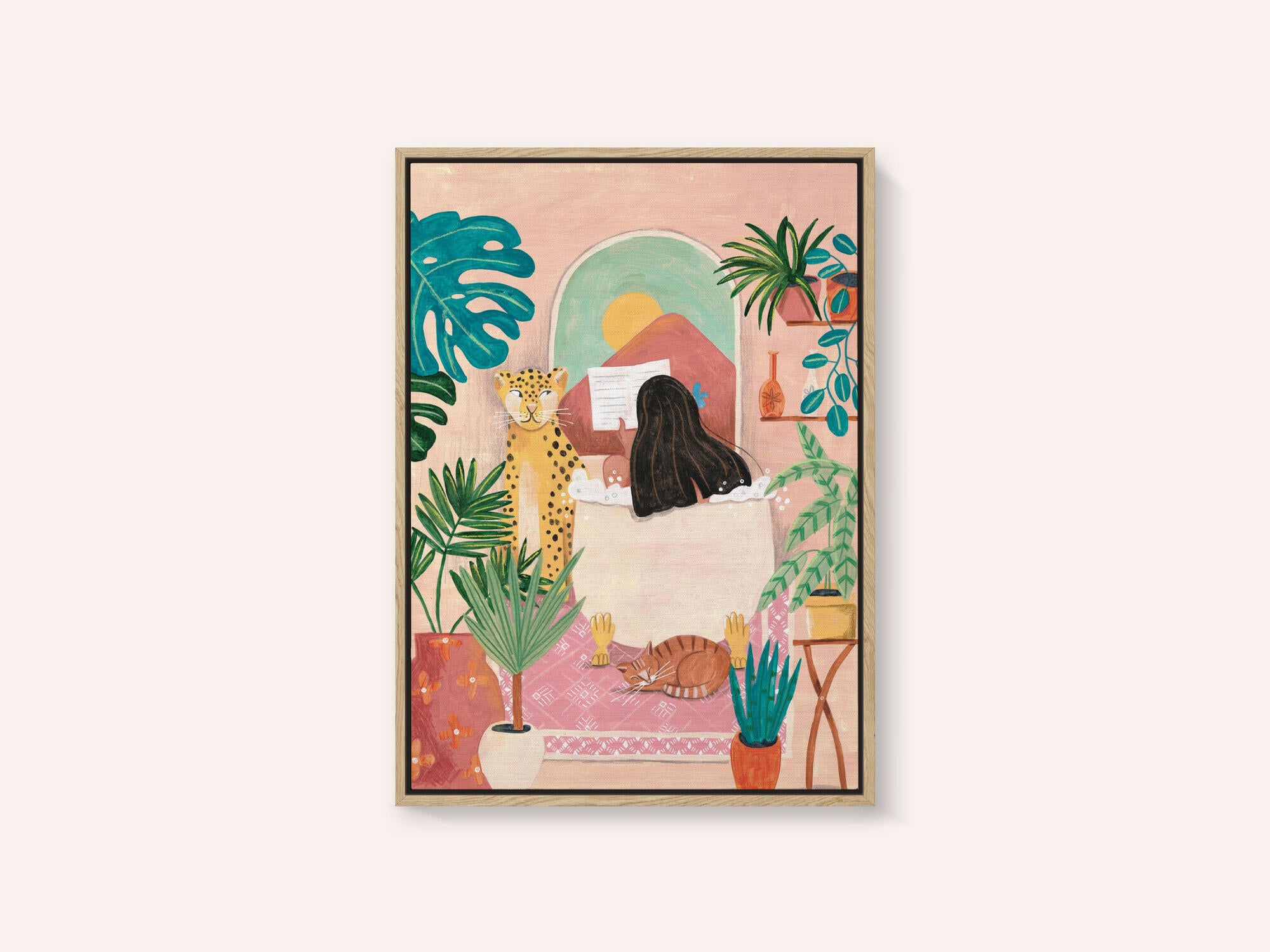 Woman taking bath in pink tropical bathroom