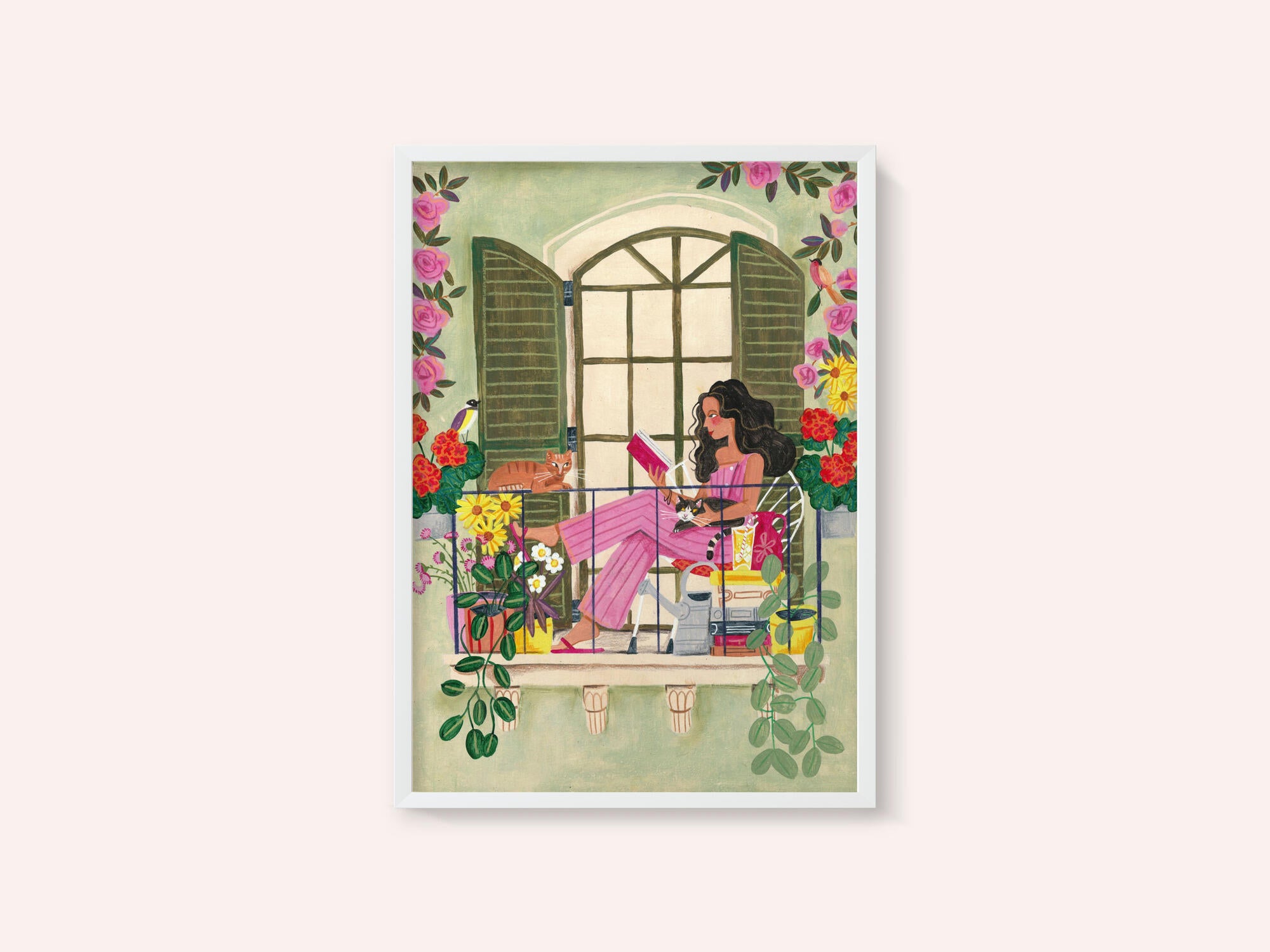 Woman reads on balcony