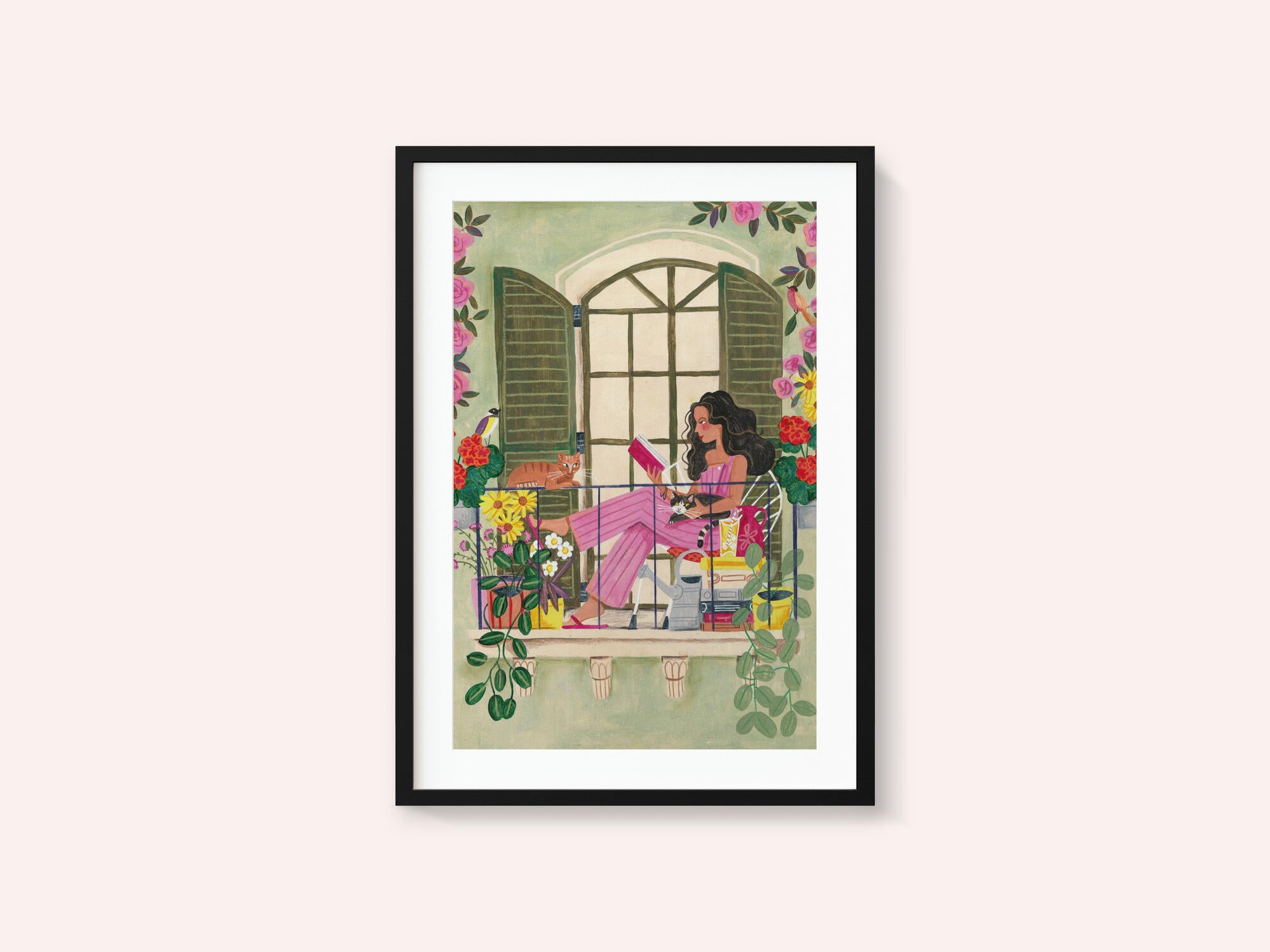 Woman reads on balcony