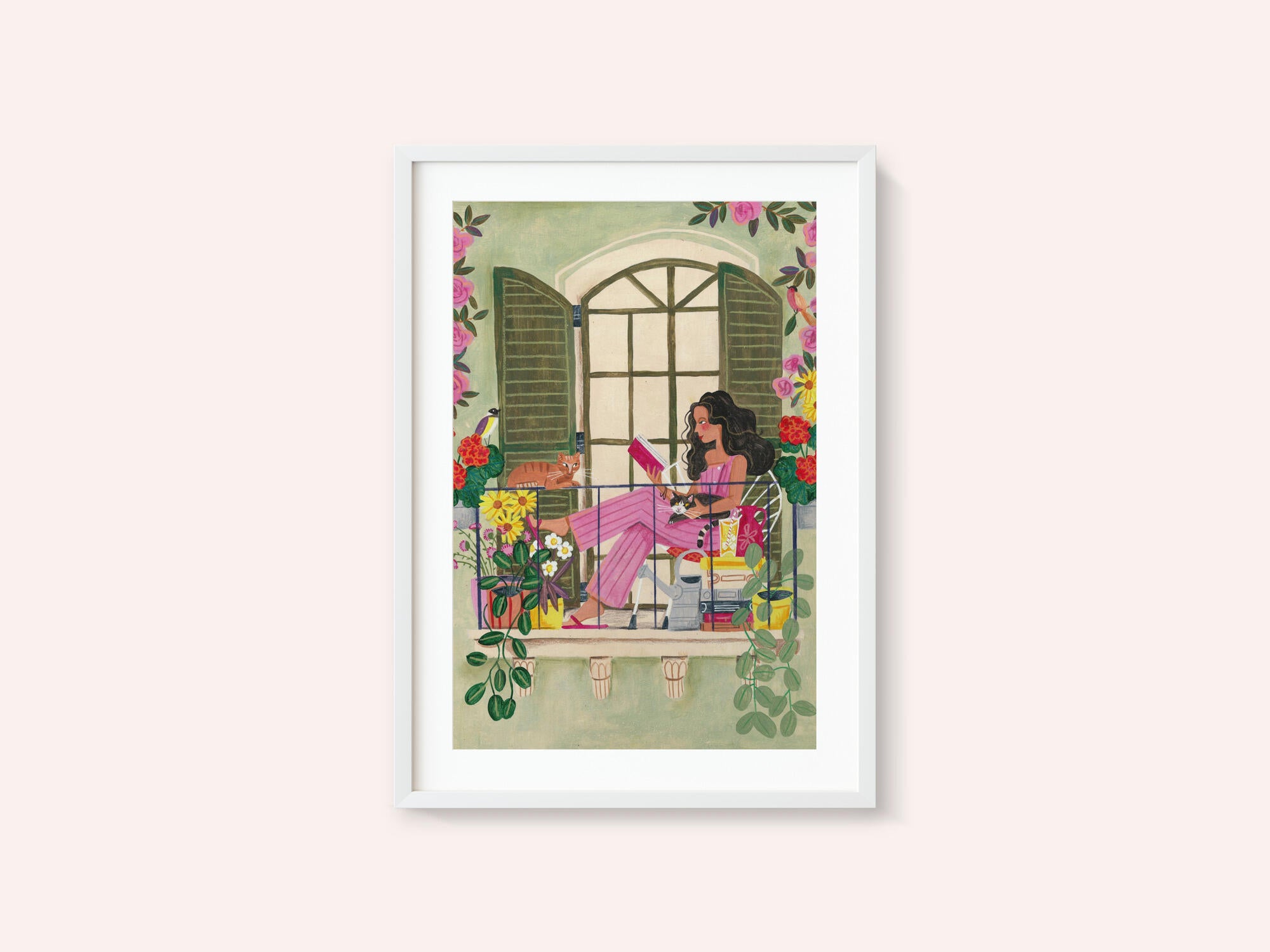 Woman reads on balcony