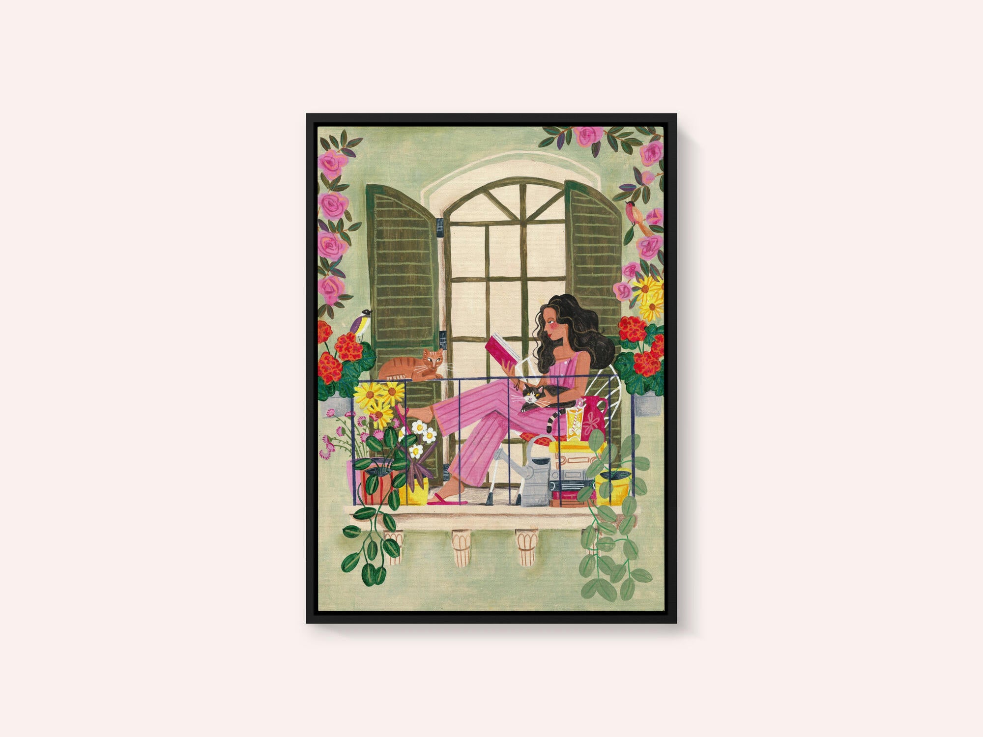 Woman reads on balcony