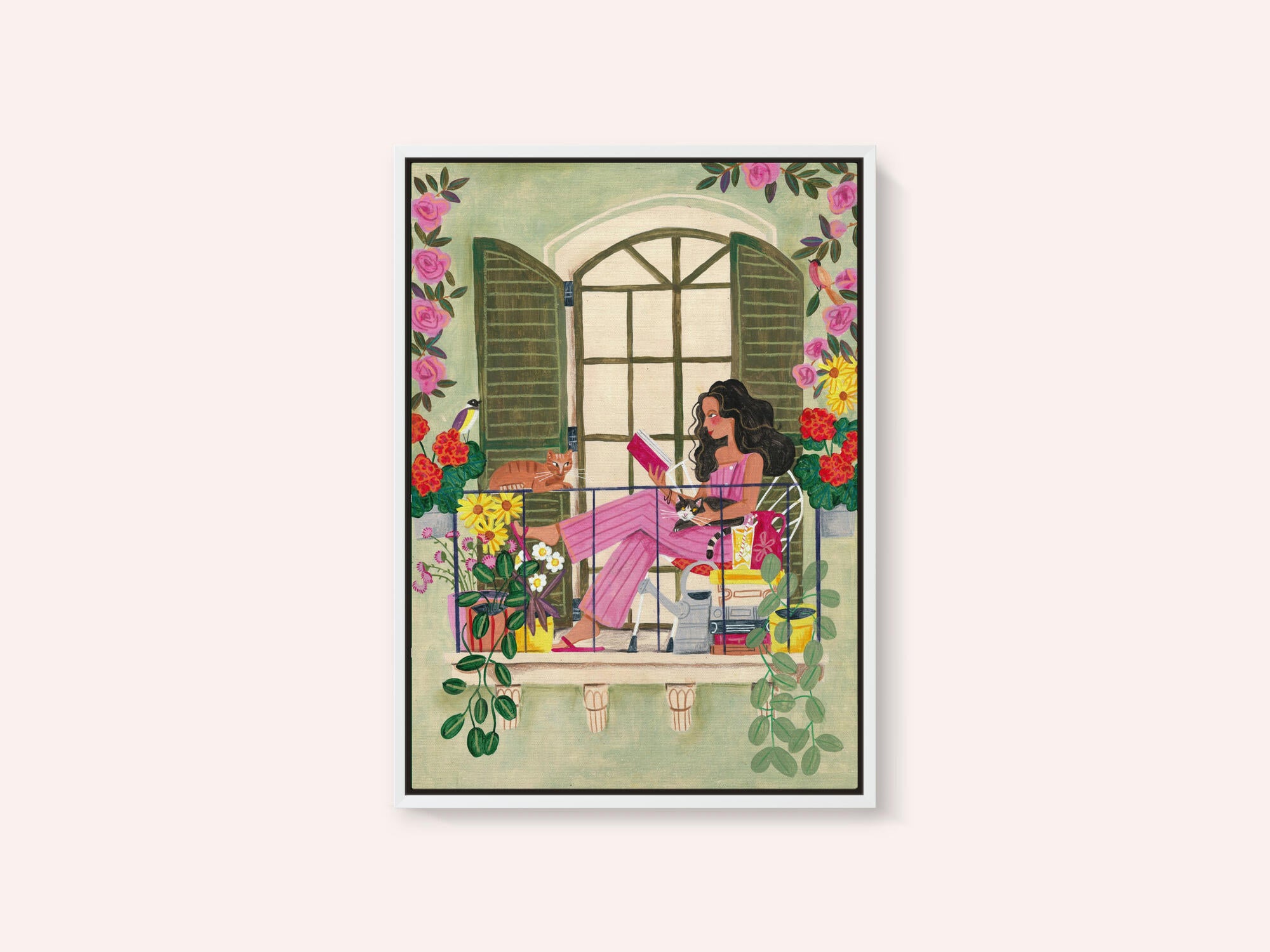 Woman reads on balcony