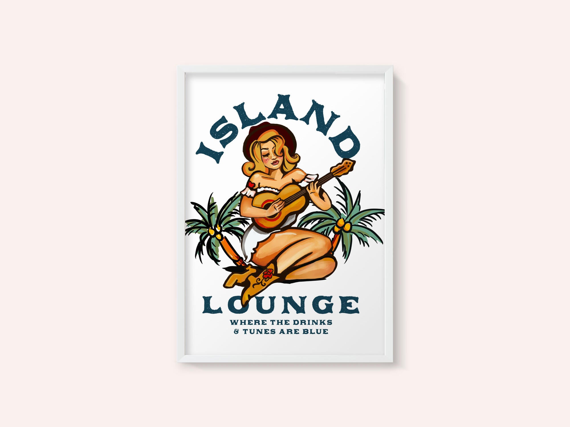 Island Lounge Tropical Pin Up Girl Playing Guitar