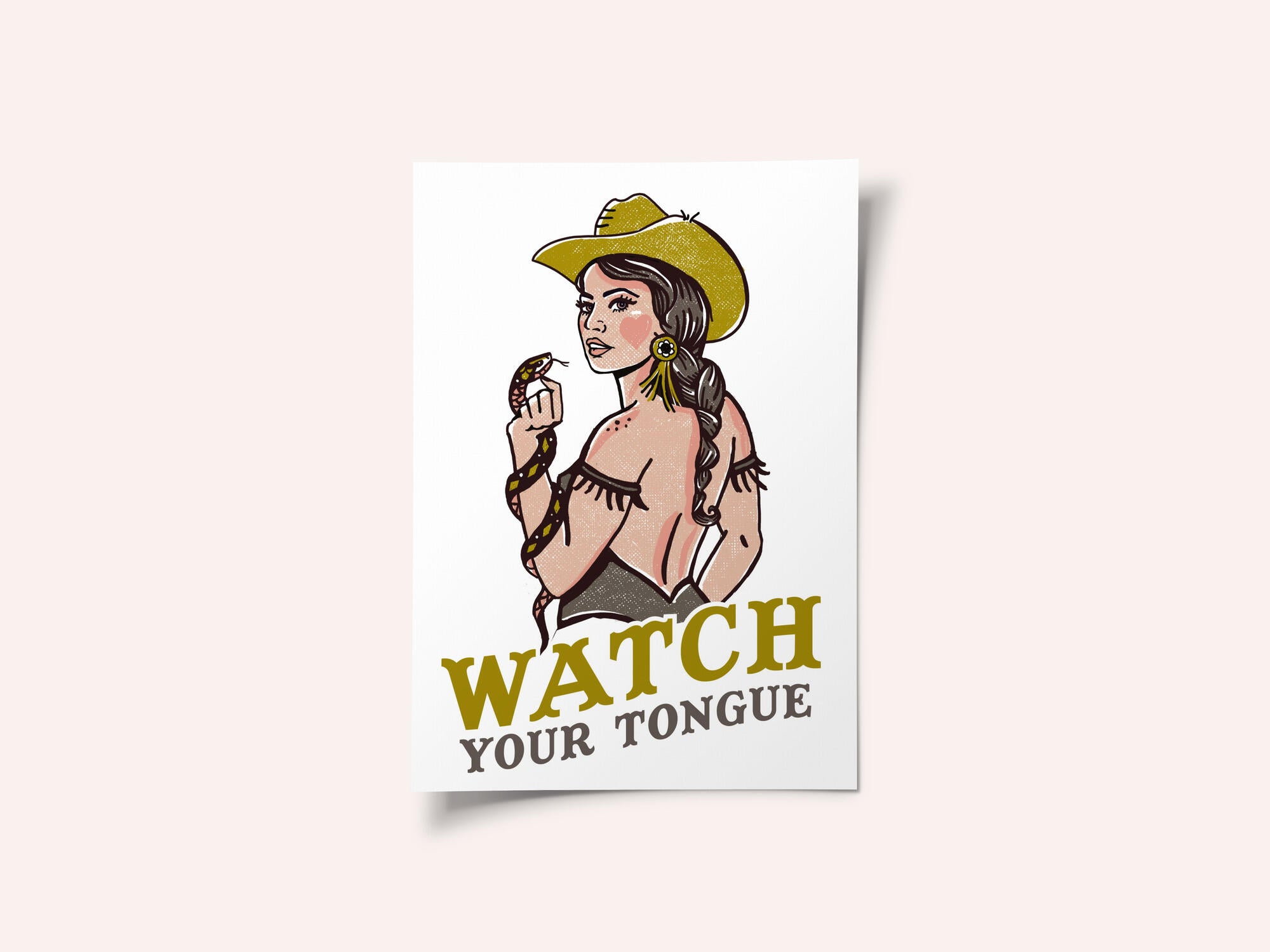 Watch Your Tongue Badass Pin-Up Cowgirl &amp; Rattlesnake