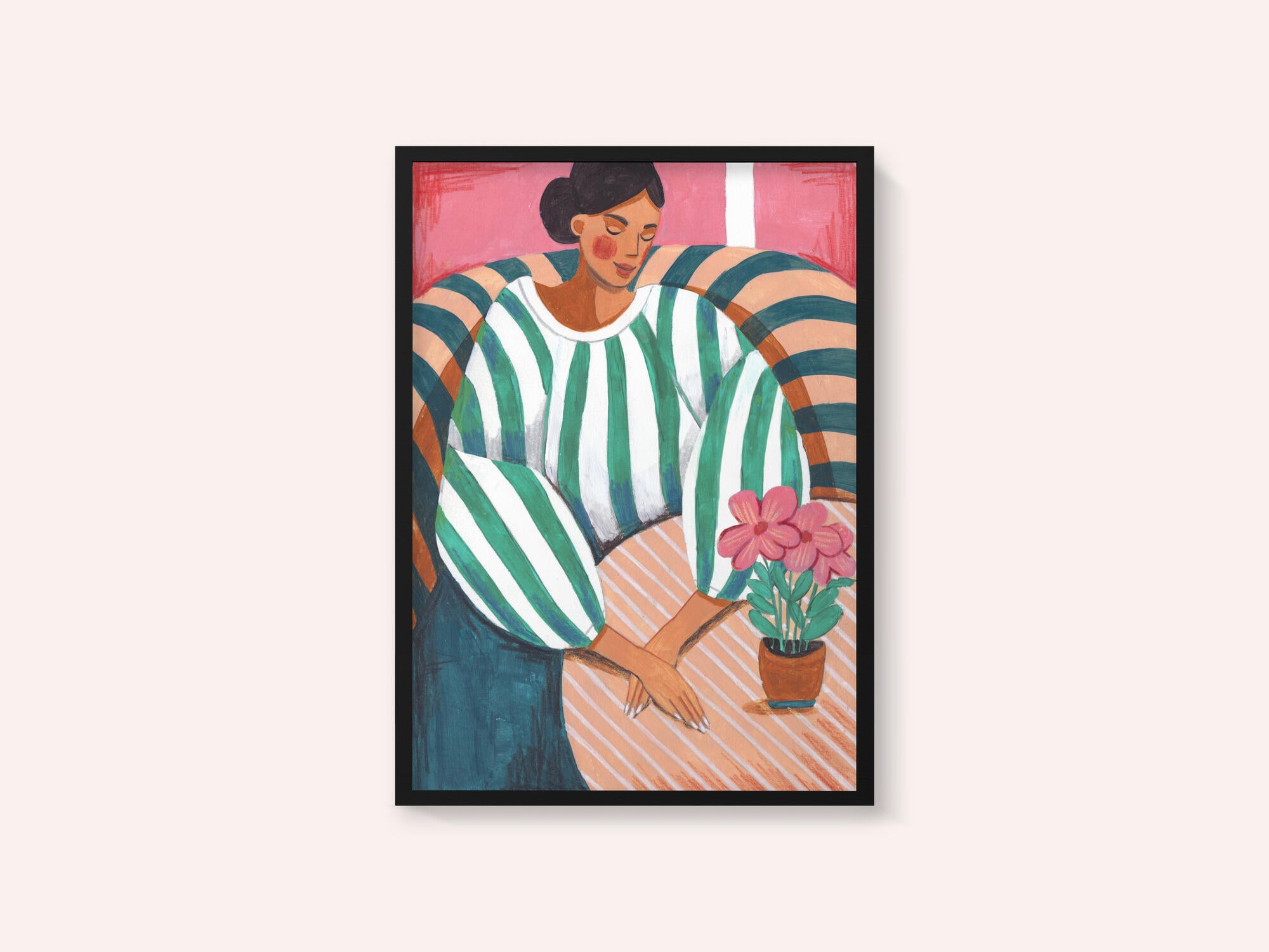 Woman in stripes in thought