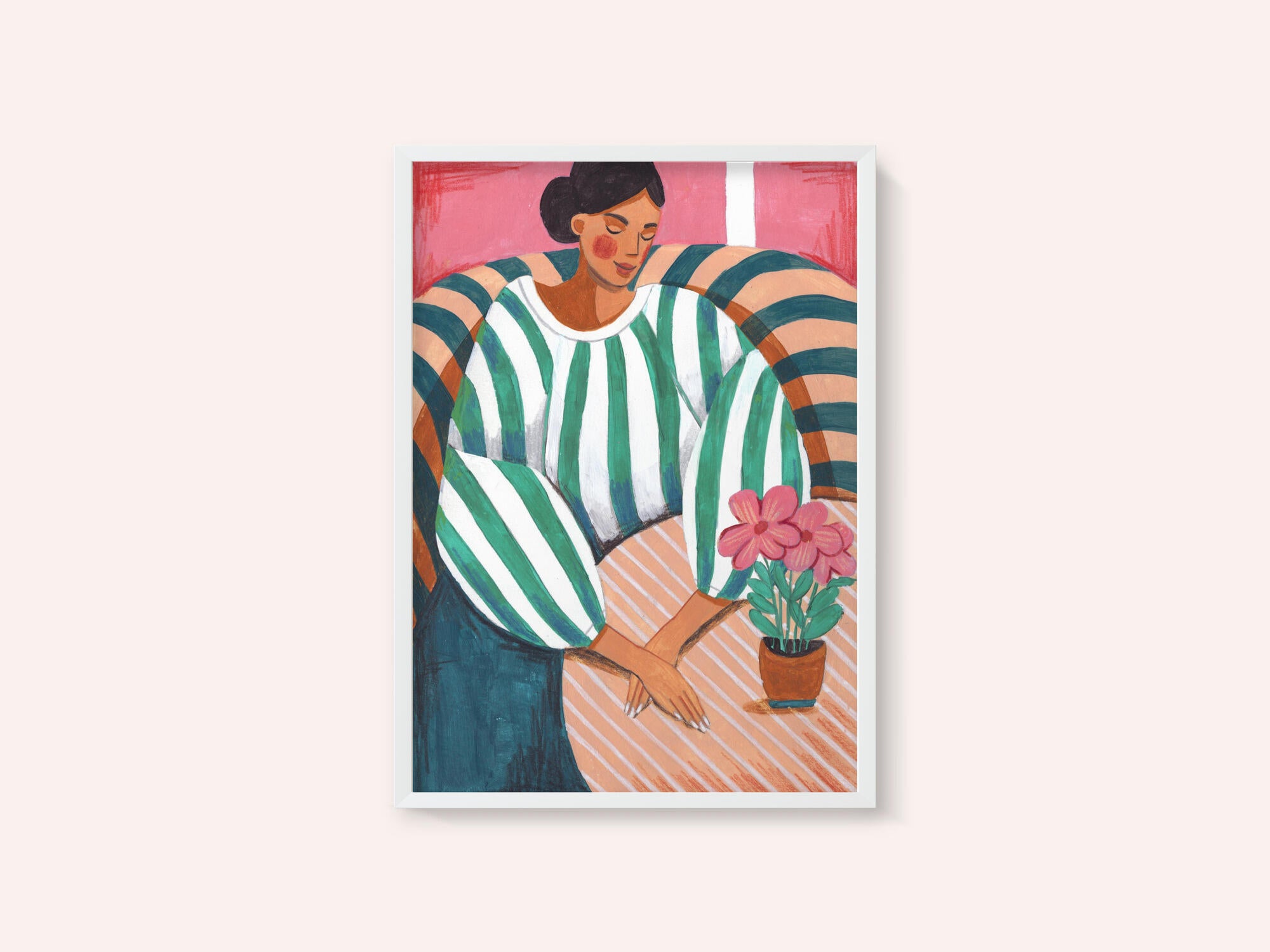 Woman in stripes in thought