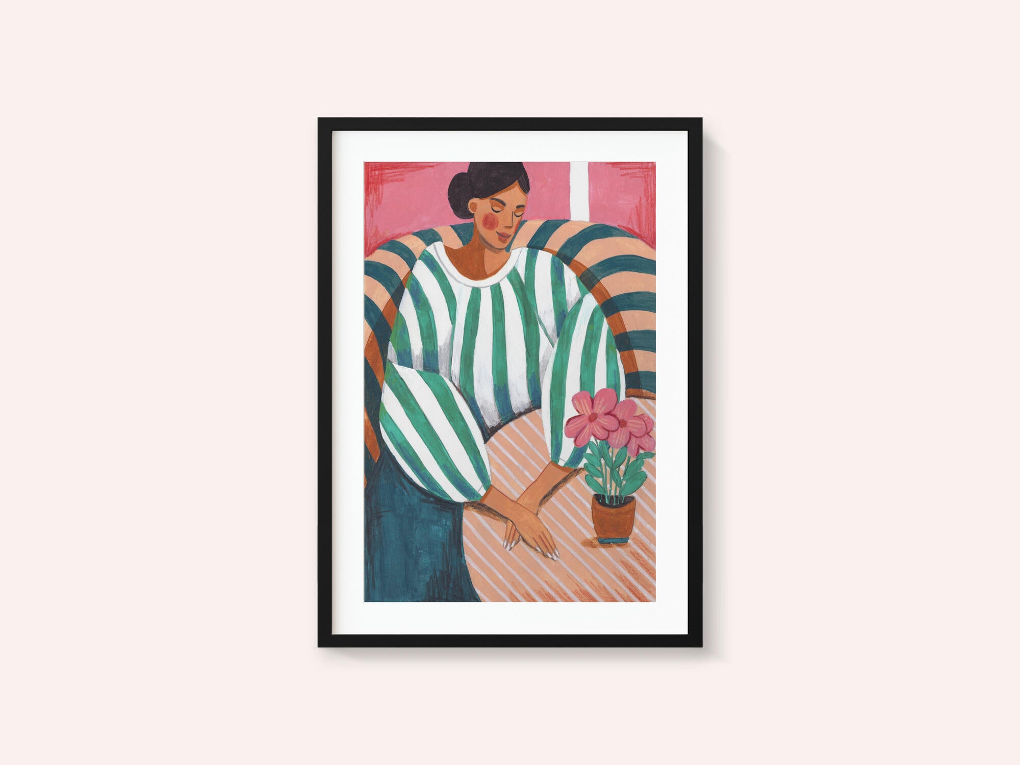 Woman in stripes in thought