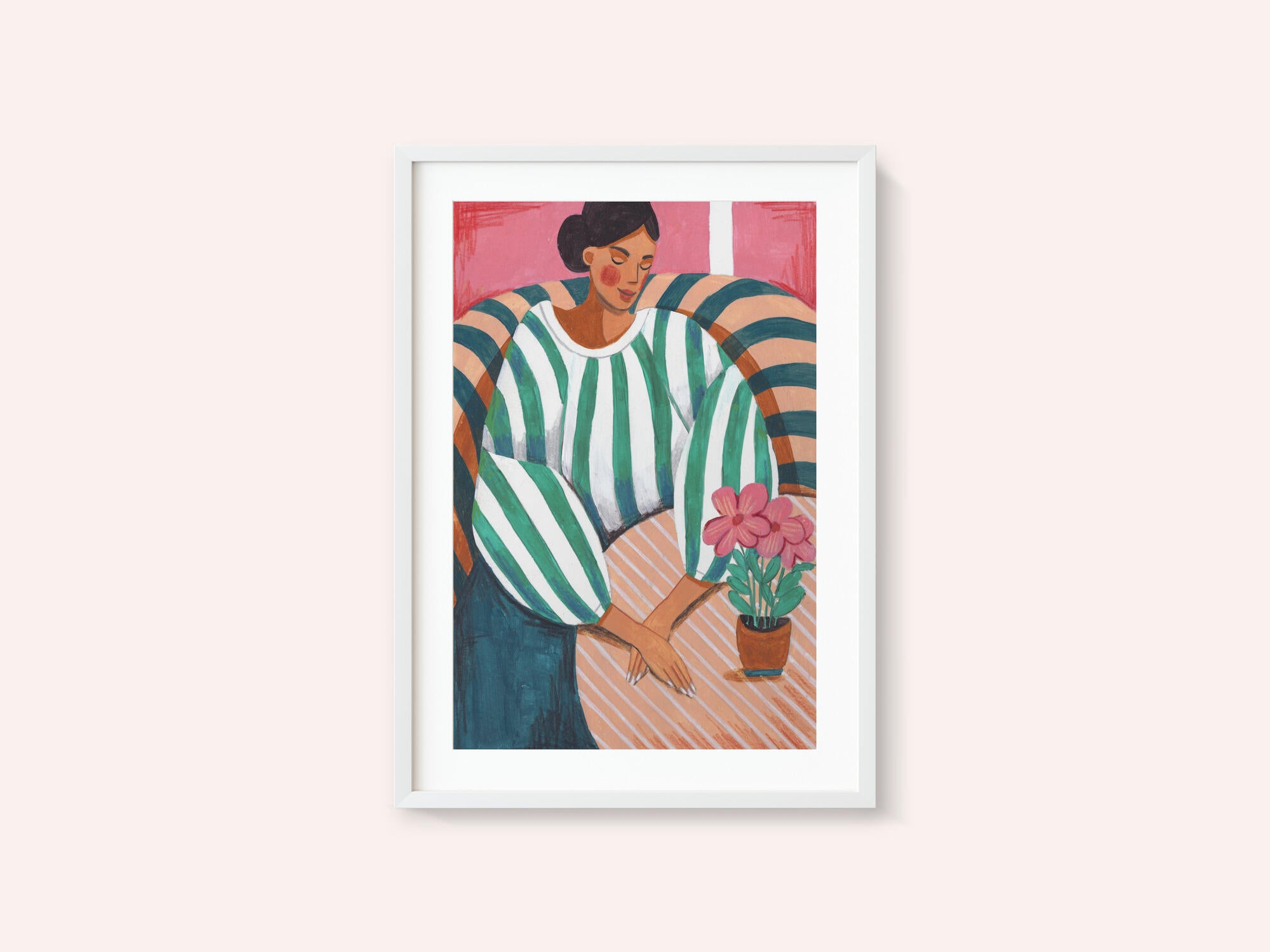 Woman in stripes in thought