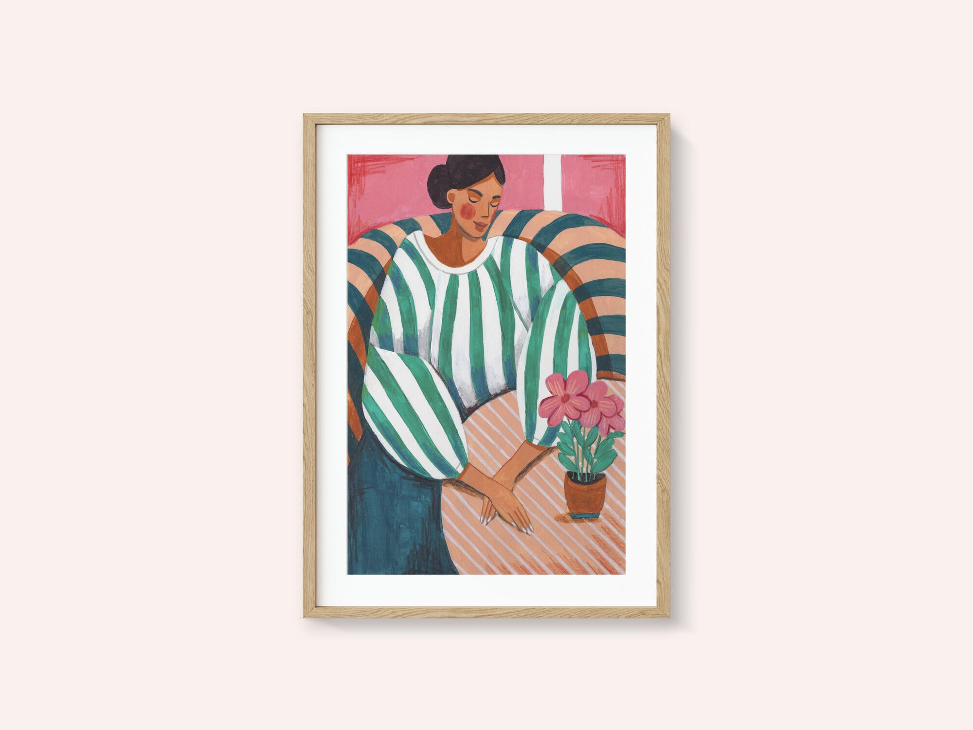 Woman in stripes in thought