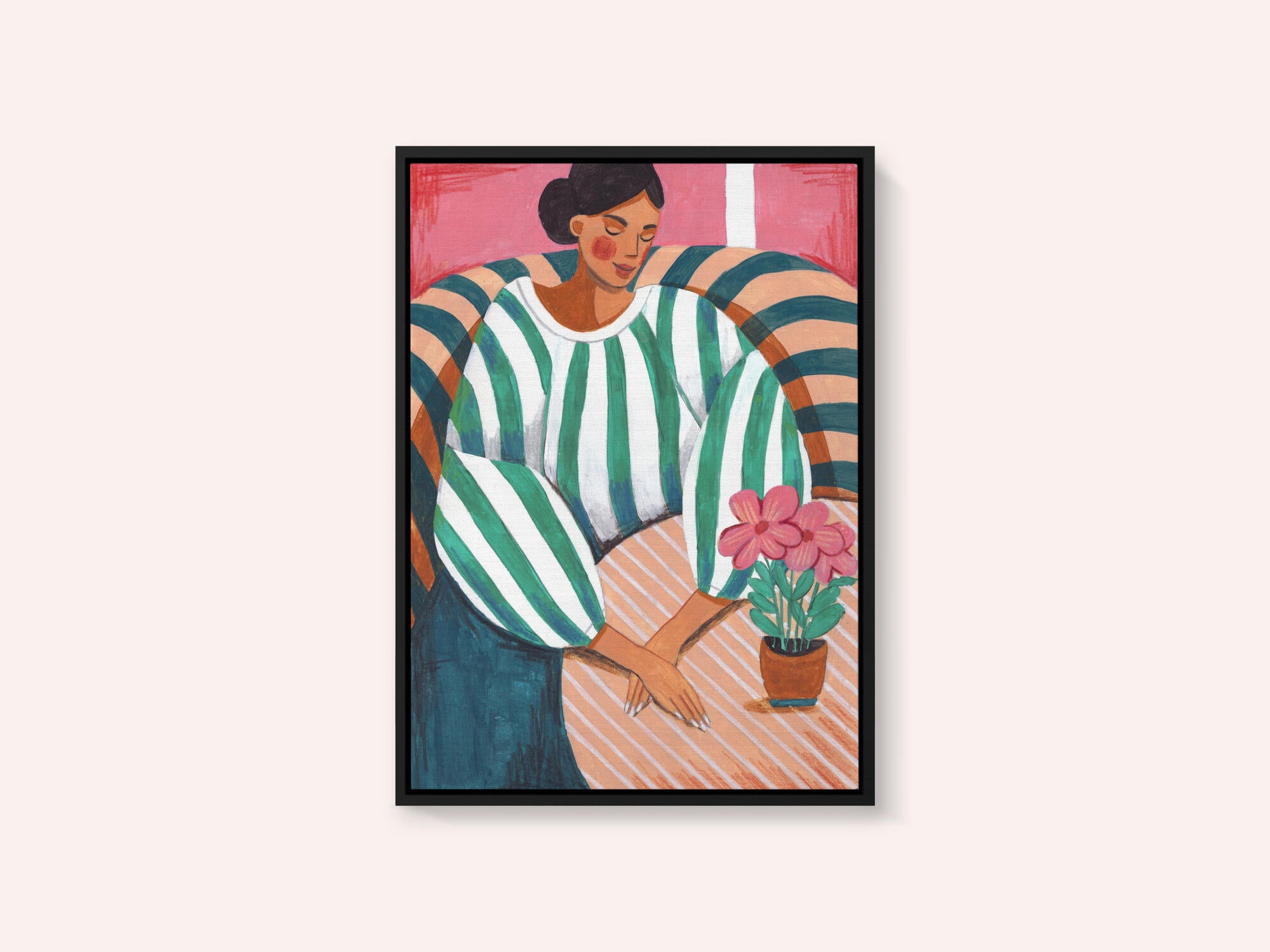 Woman in stripes in thought