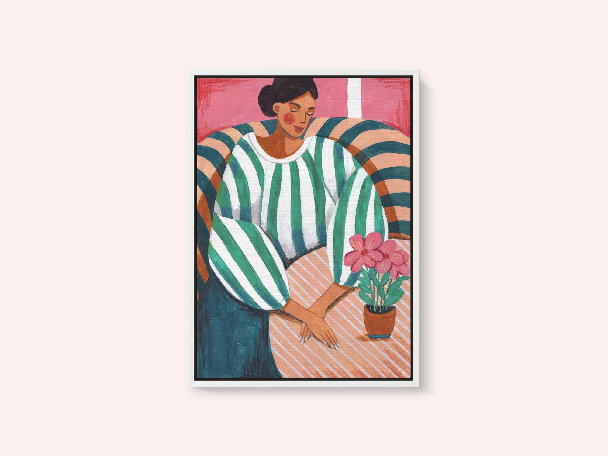 Woman in stripes in thought