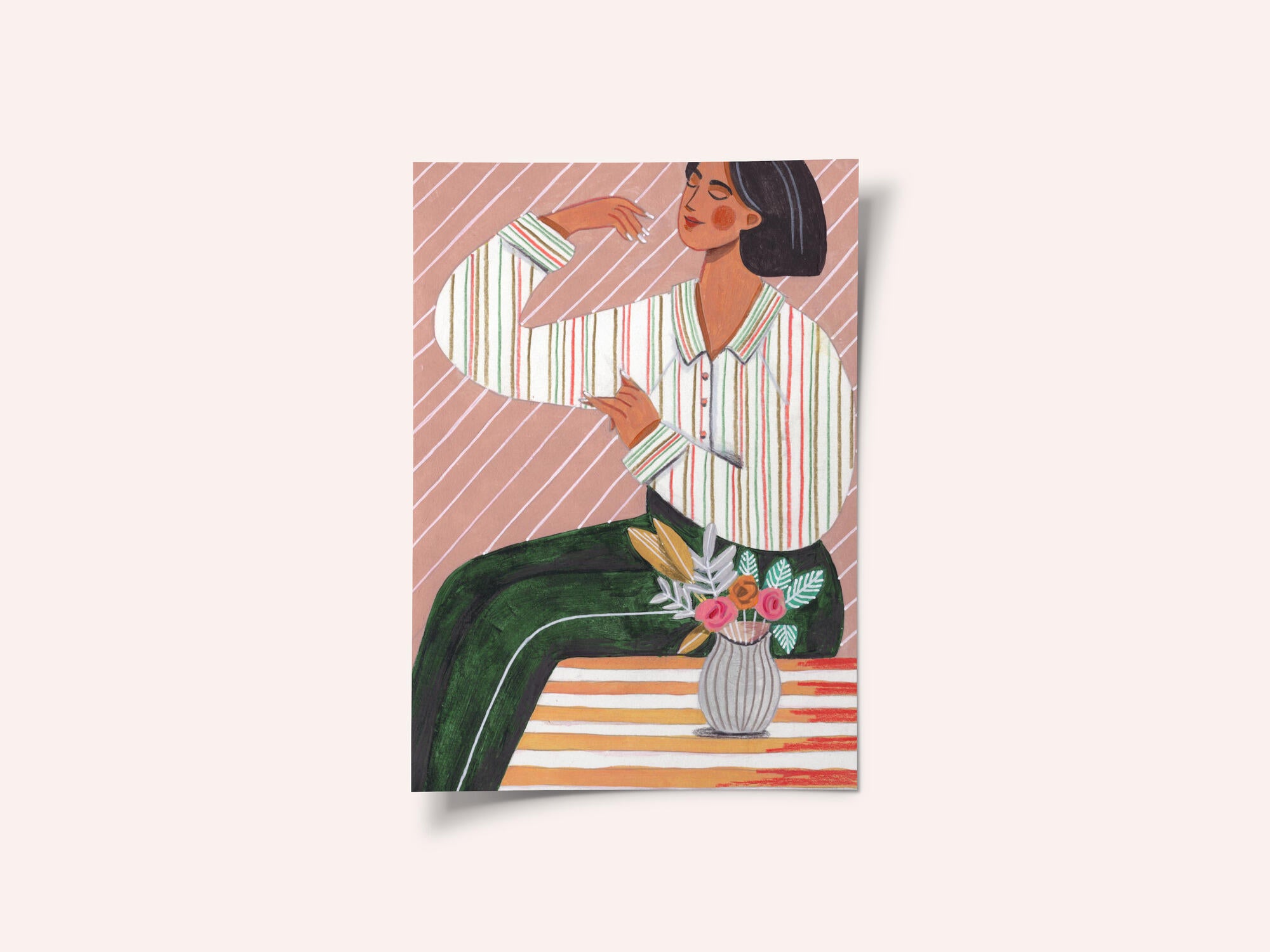 Woman in Stripes Shirt and Green Pants