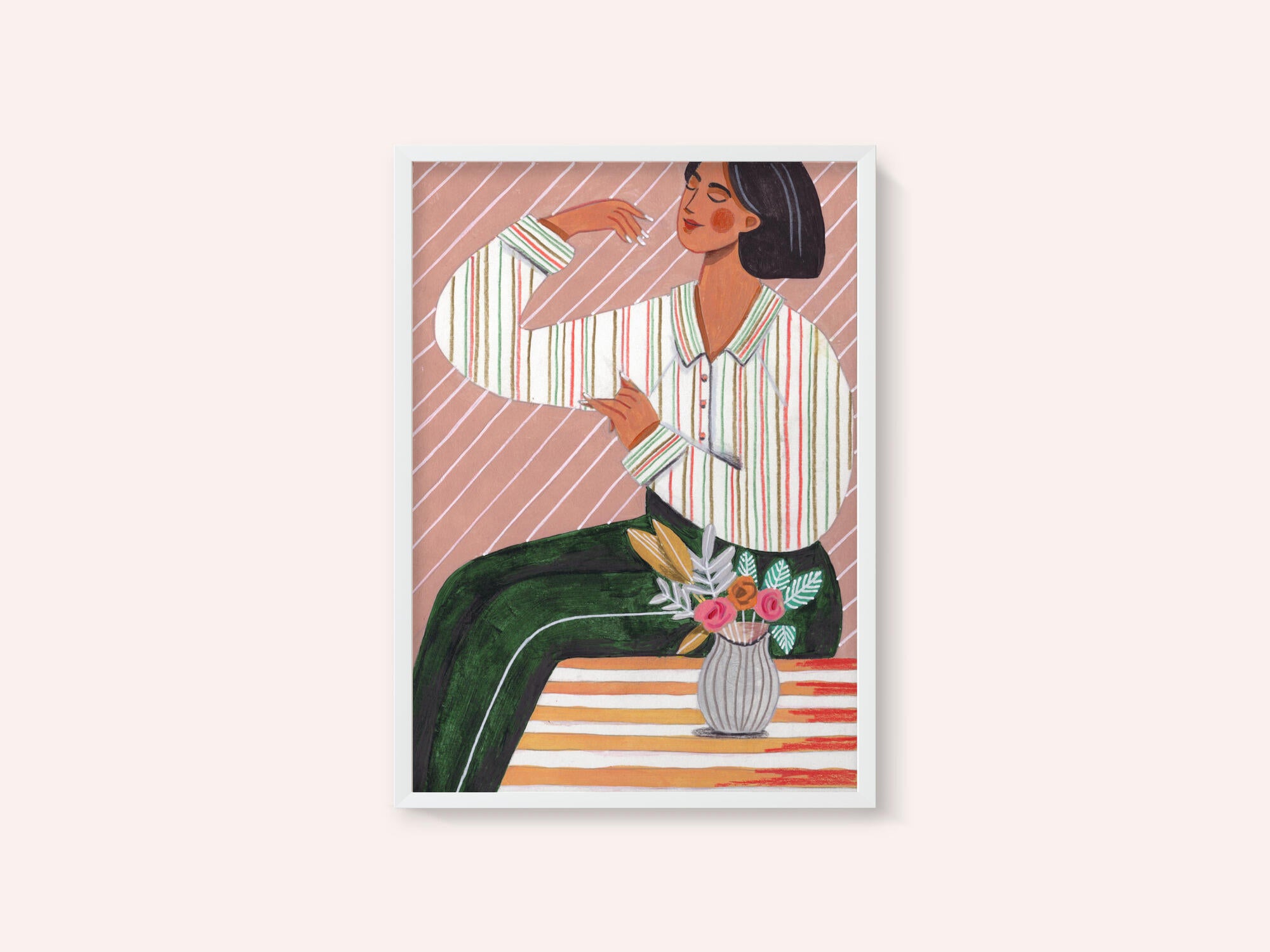 Woman in Stripes Shirt and Green Pants