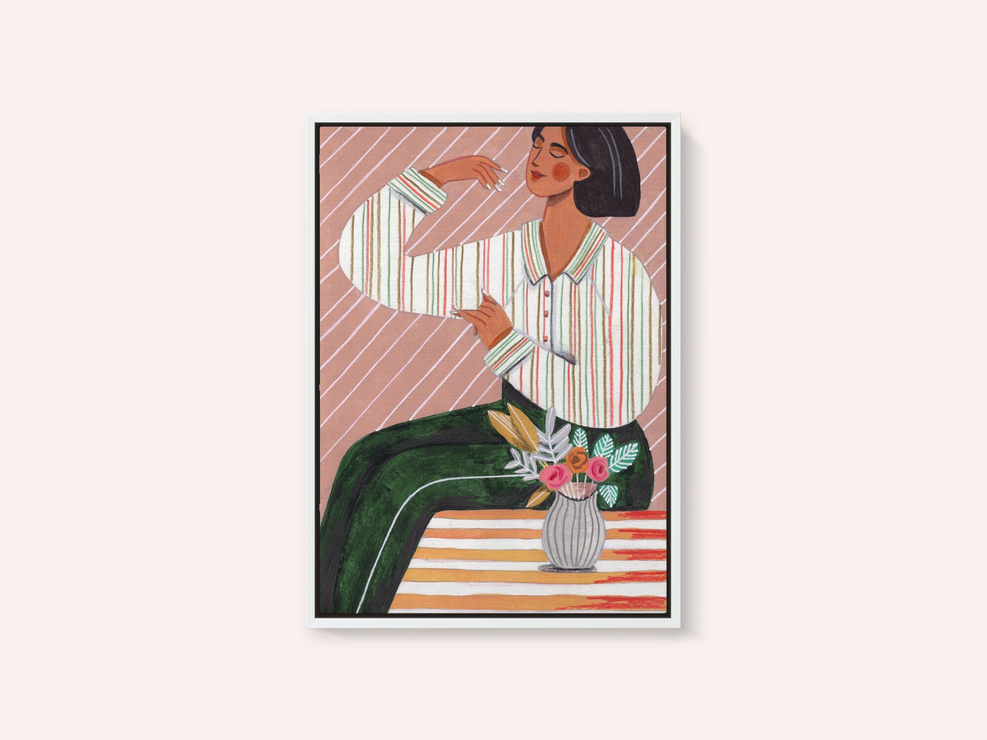 Woman in Stripes Shirt and Green Pants