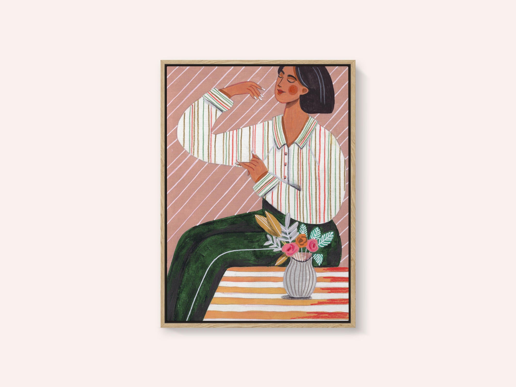 Woman in Stripes Shirt and Green Pants