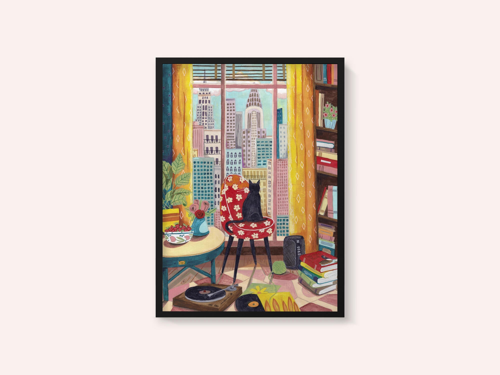 Cat in front of window in New York bright colours