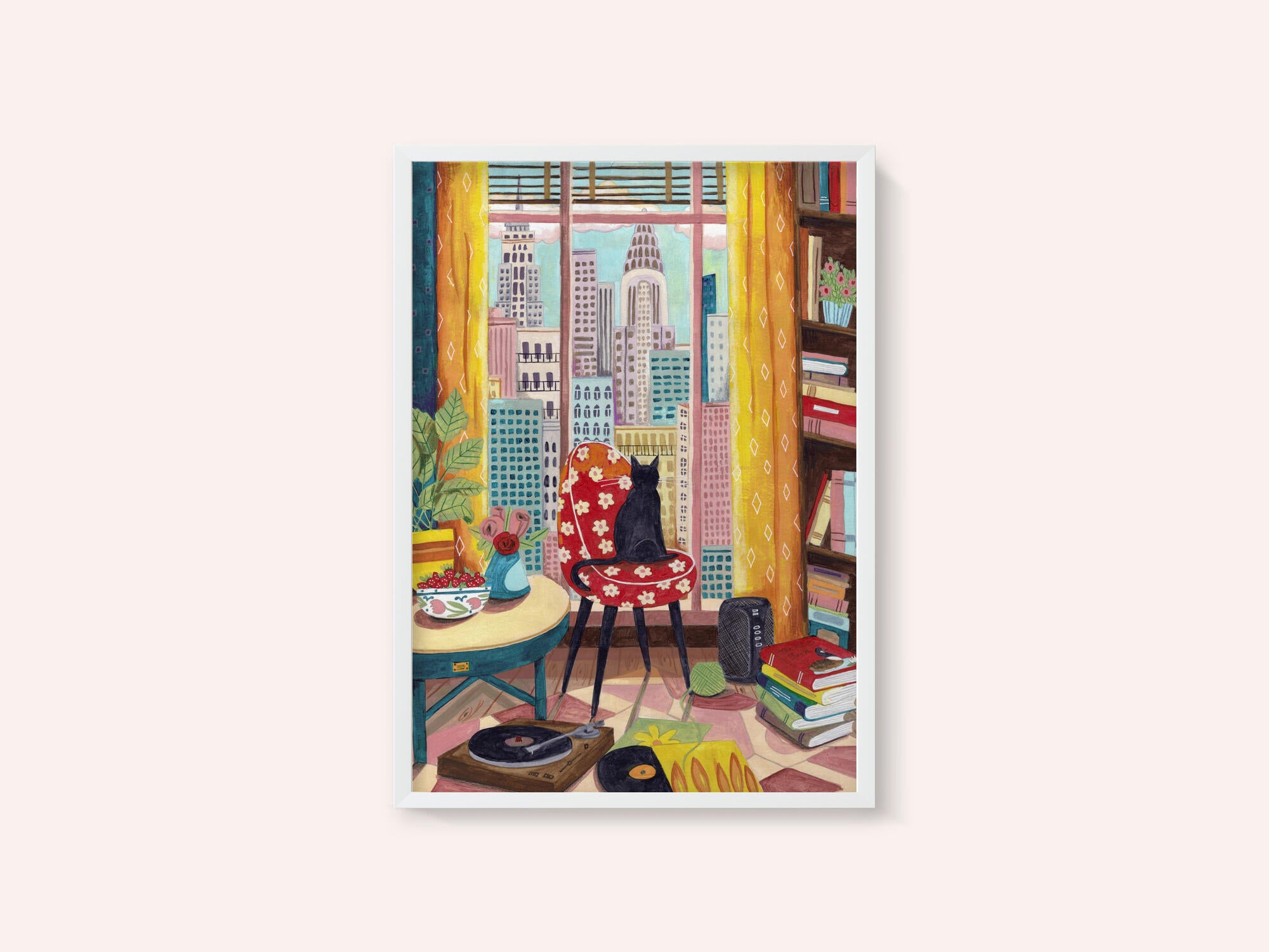 Cat in front of window in New York bright colours