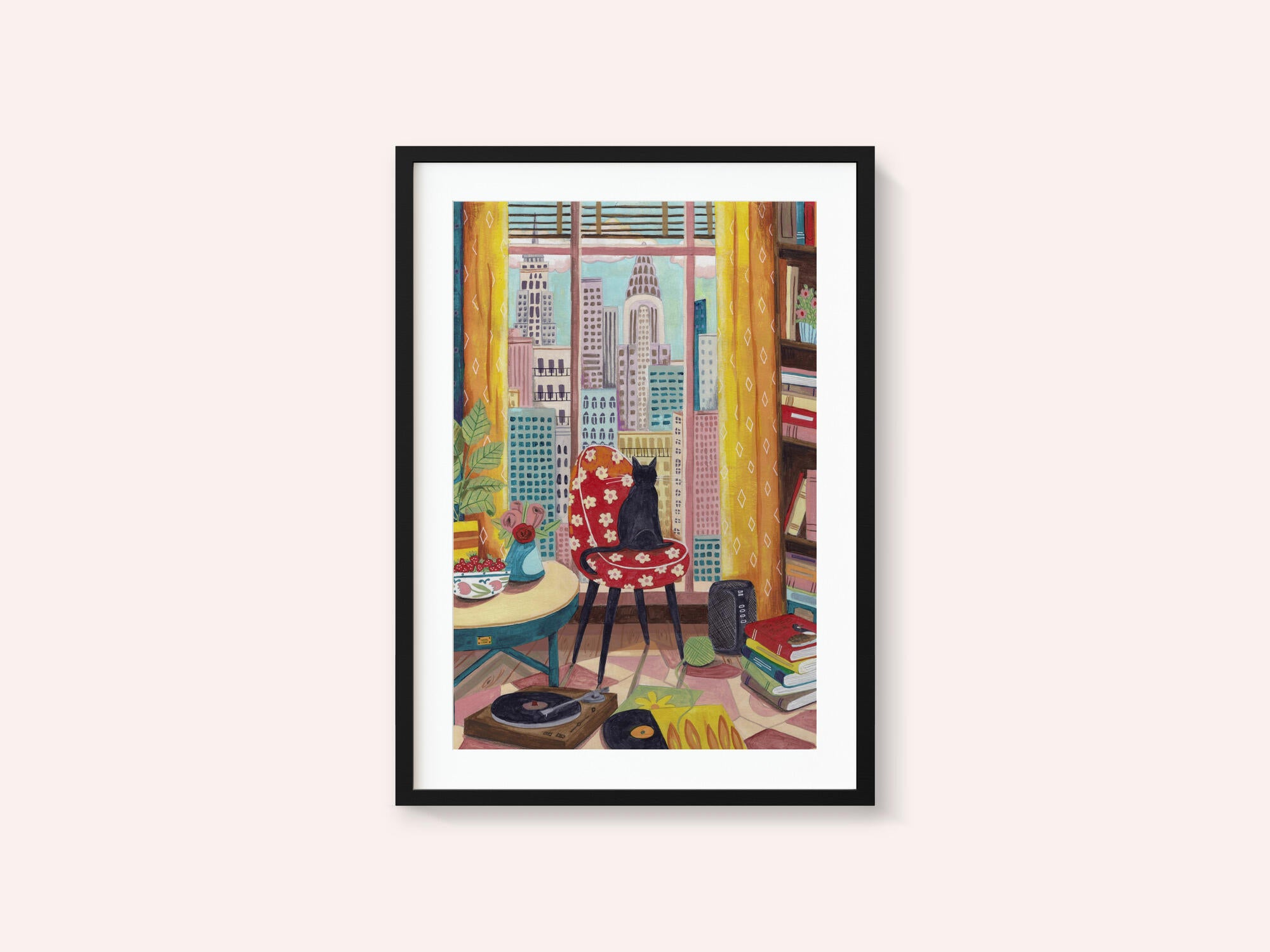 Cat in front of window in New York bright colours