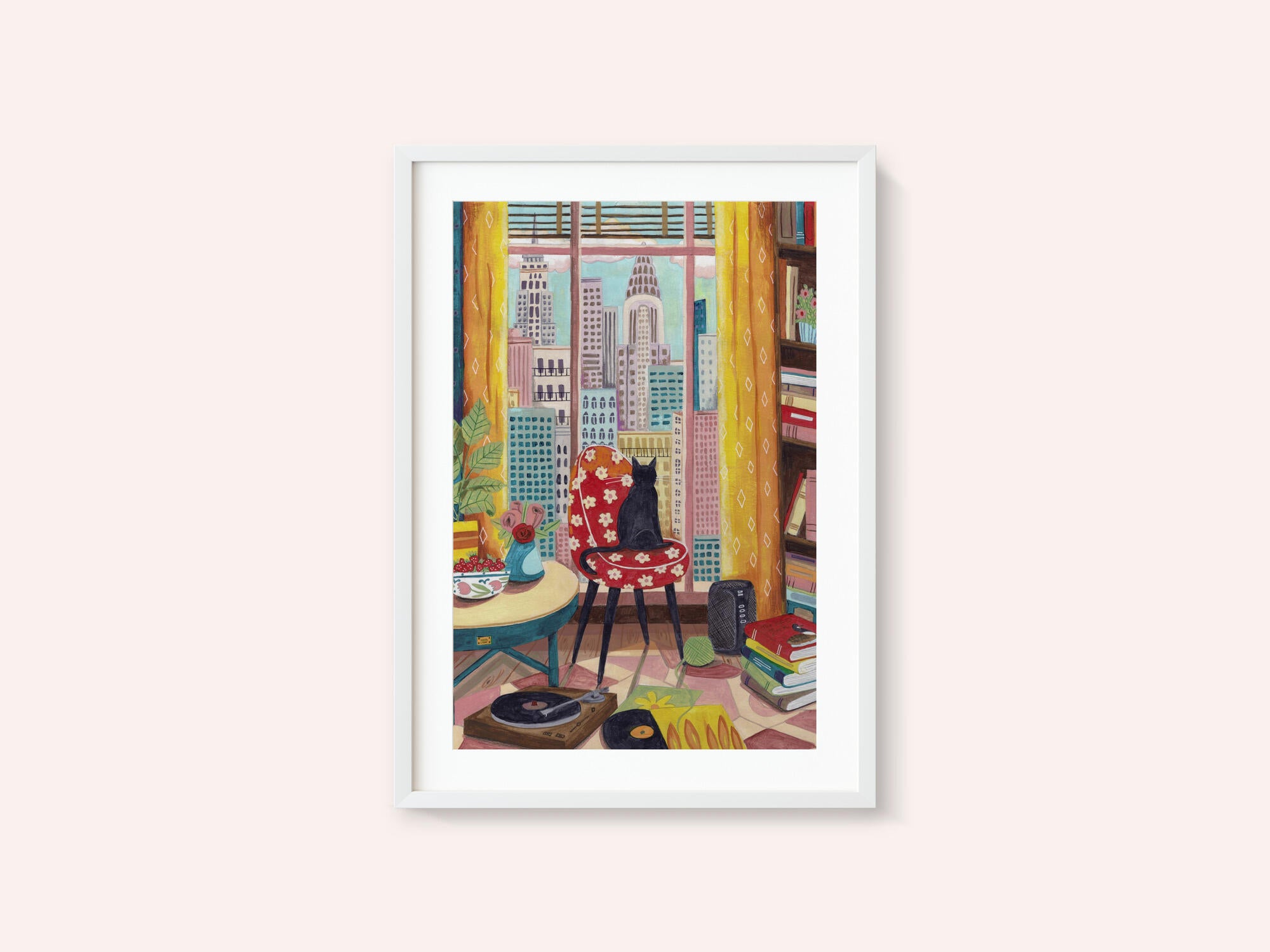 Cat in front of window in New York bright colours