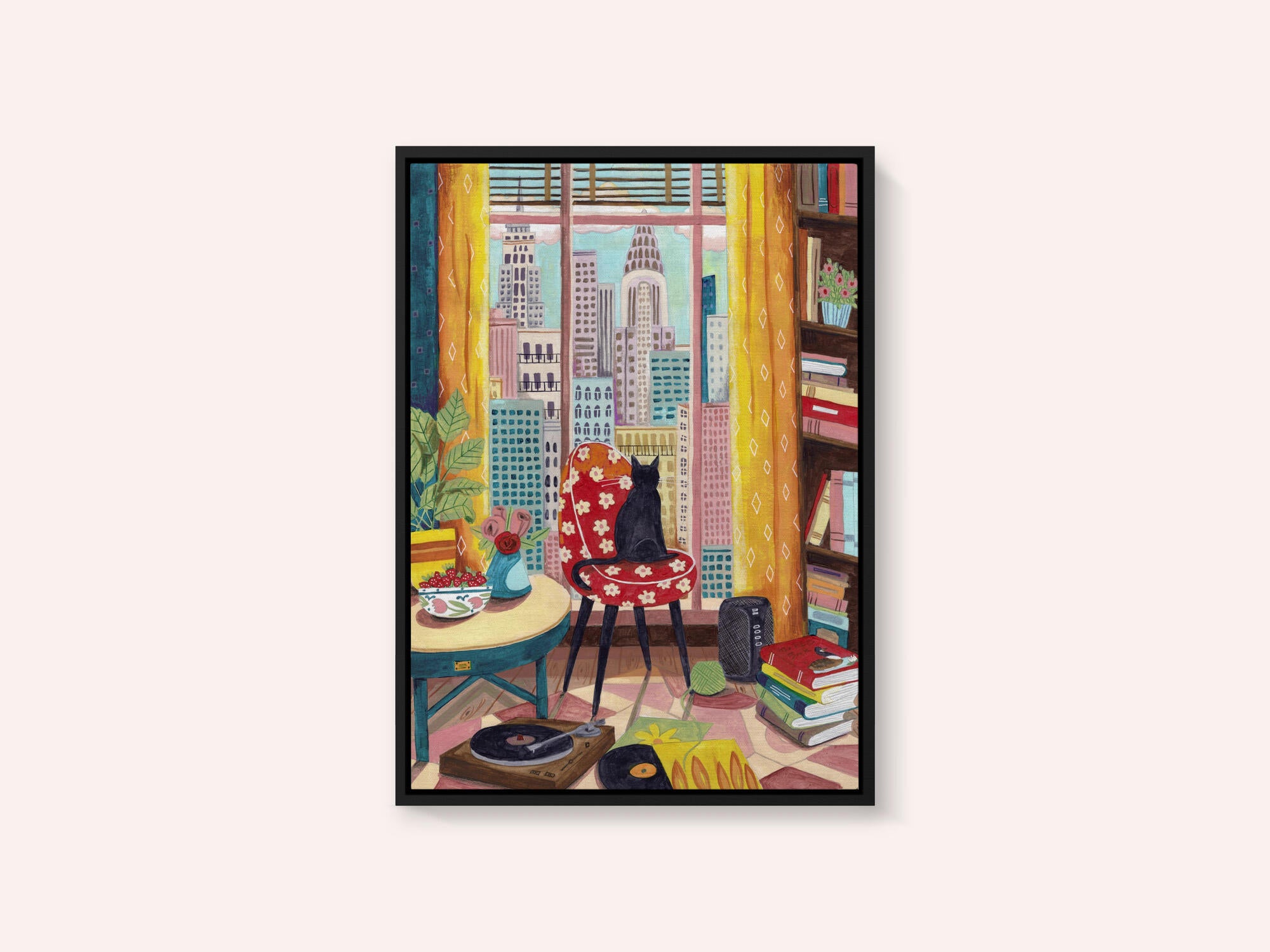 Cat in front of window in New York bright colours