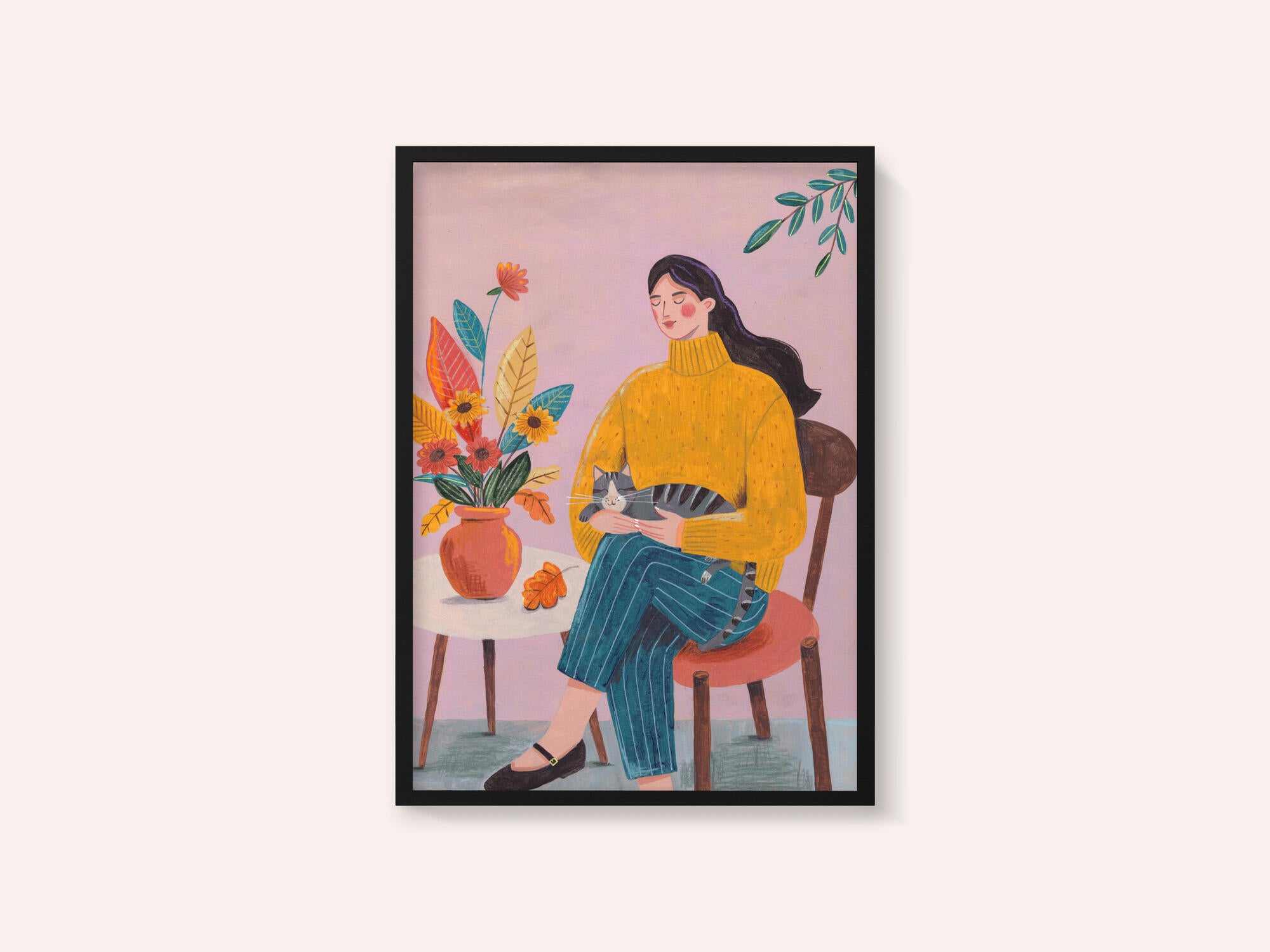 Woman with Cat and Autumn Bouquet
