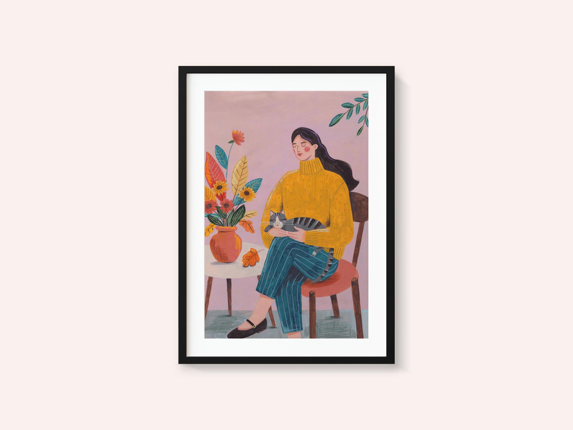 Woman with Cat and Autumn Bouquet