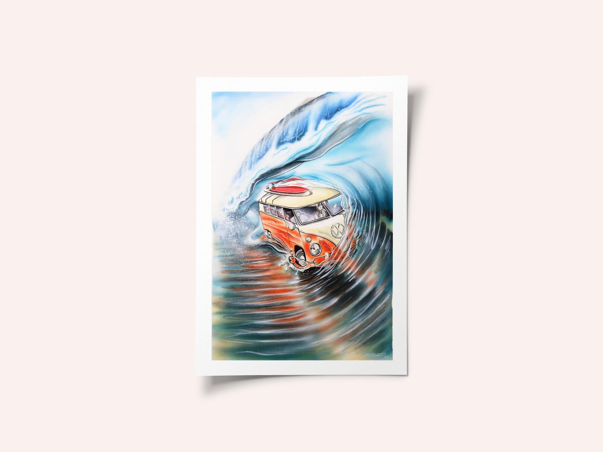 Retro Van Surfing Wave