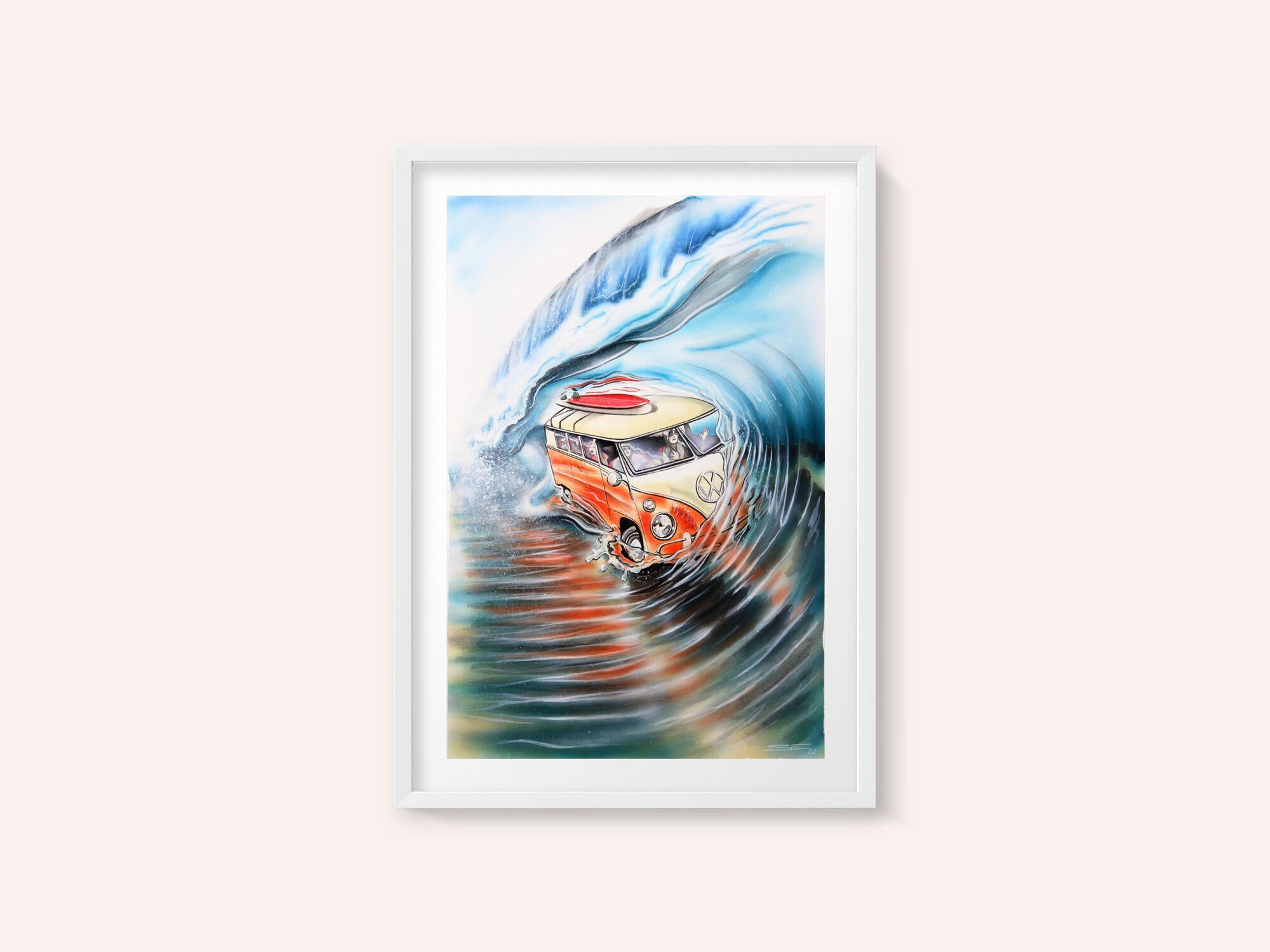Retro Van Surfing Wave