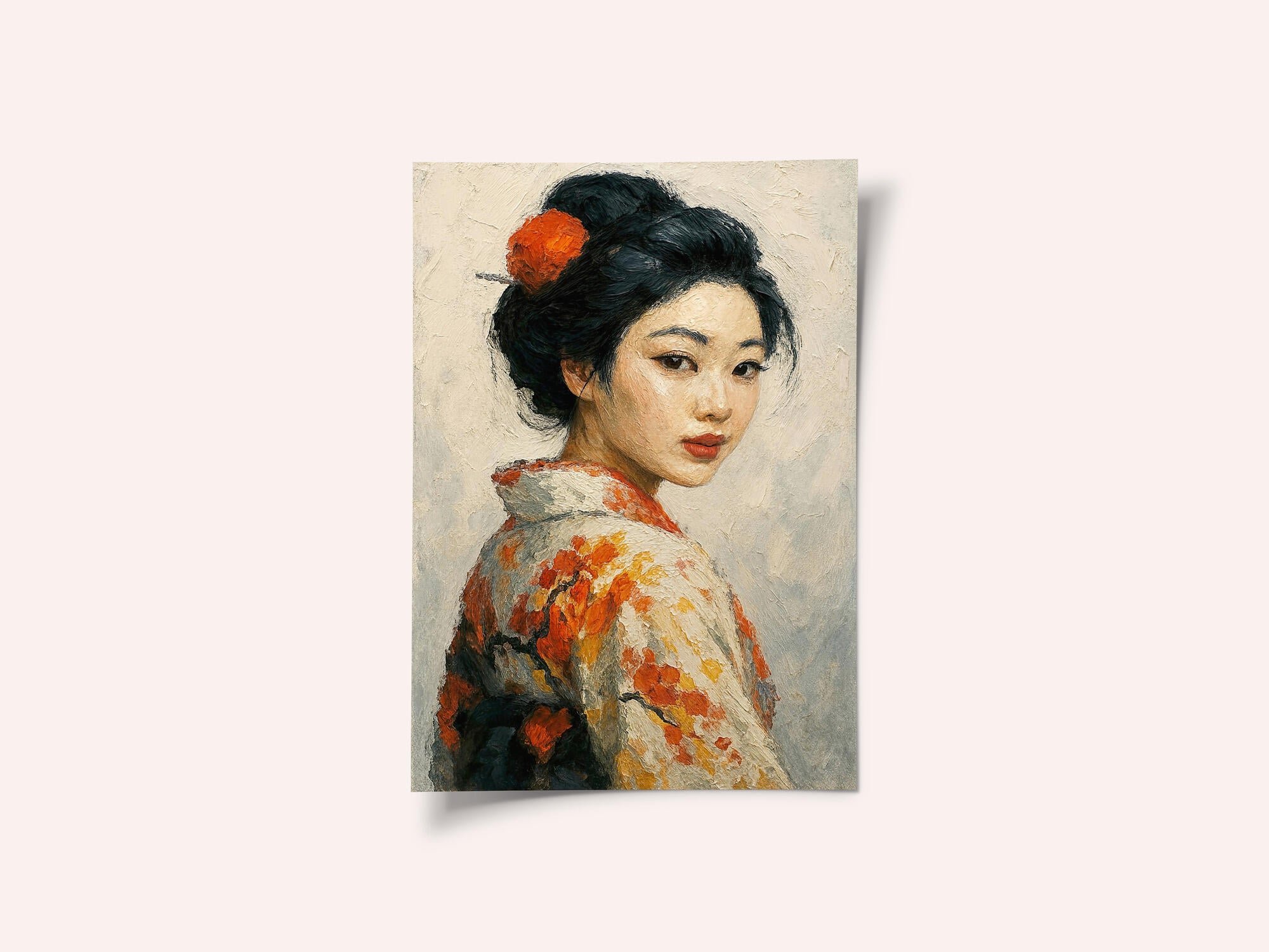 Portrait of a Japanese Geisha In a Floral Kimono