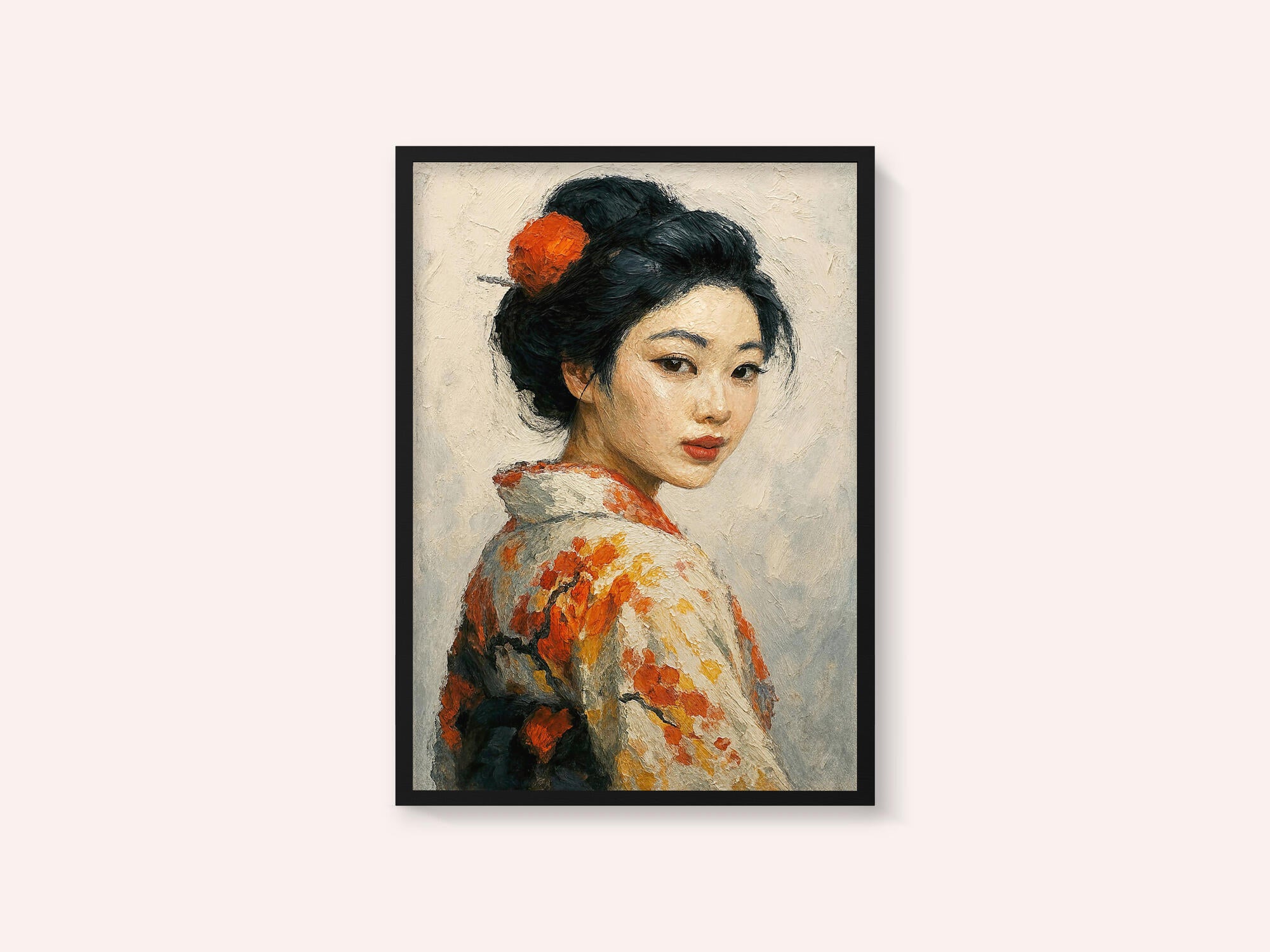 Portrait of a Japanese Geisha In a Floral Kimono