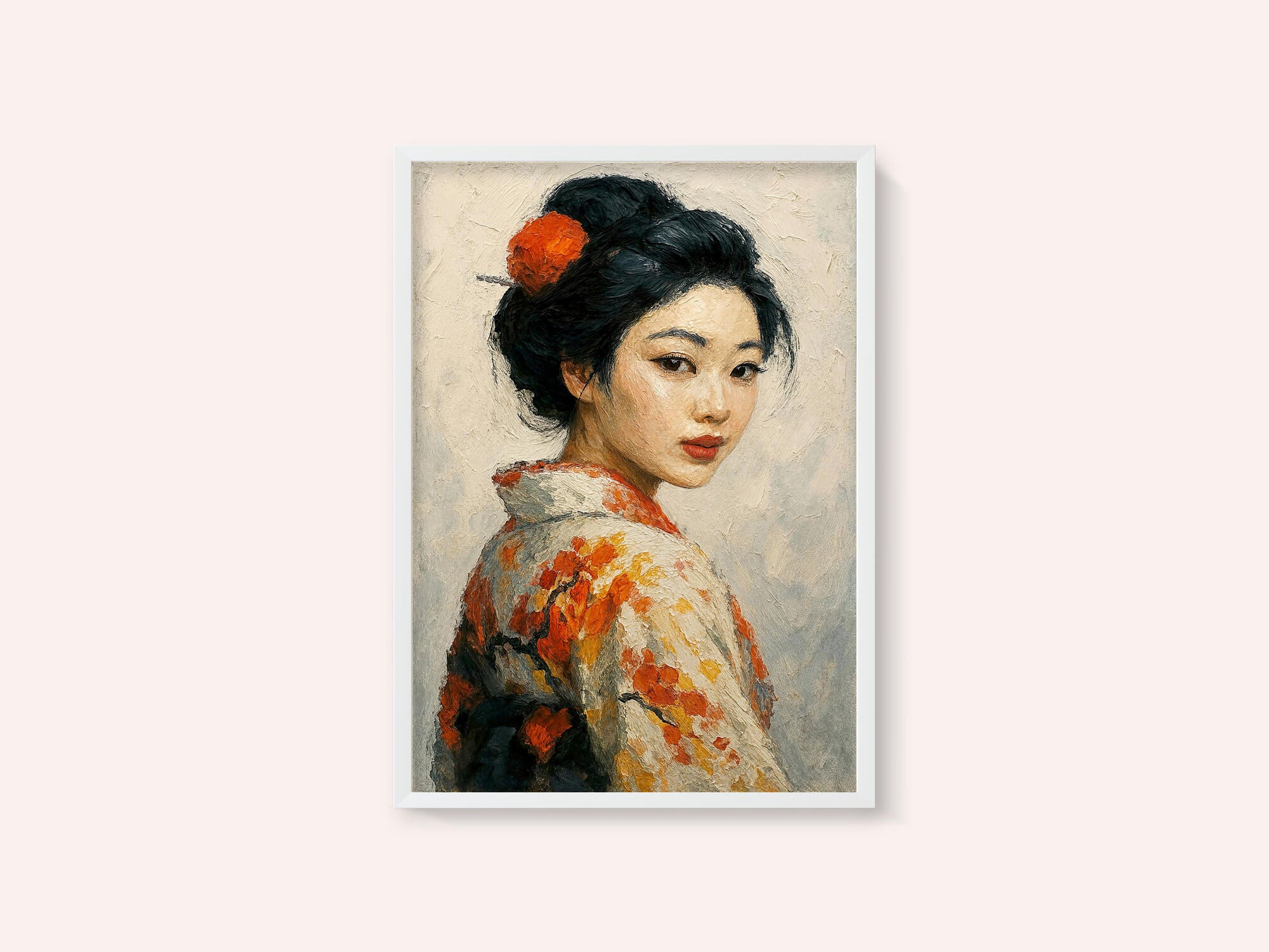 Portrait of a Japanese Geisha In a Floral Kimono