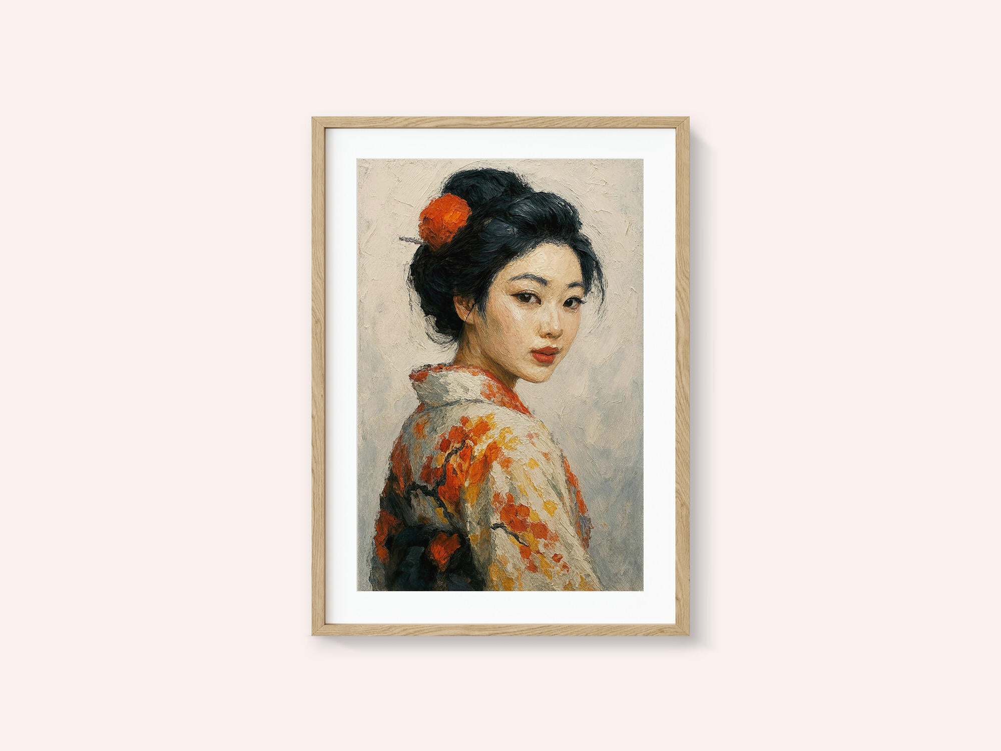 Portrait of a Japanese Geisha In a Floral Kimono