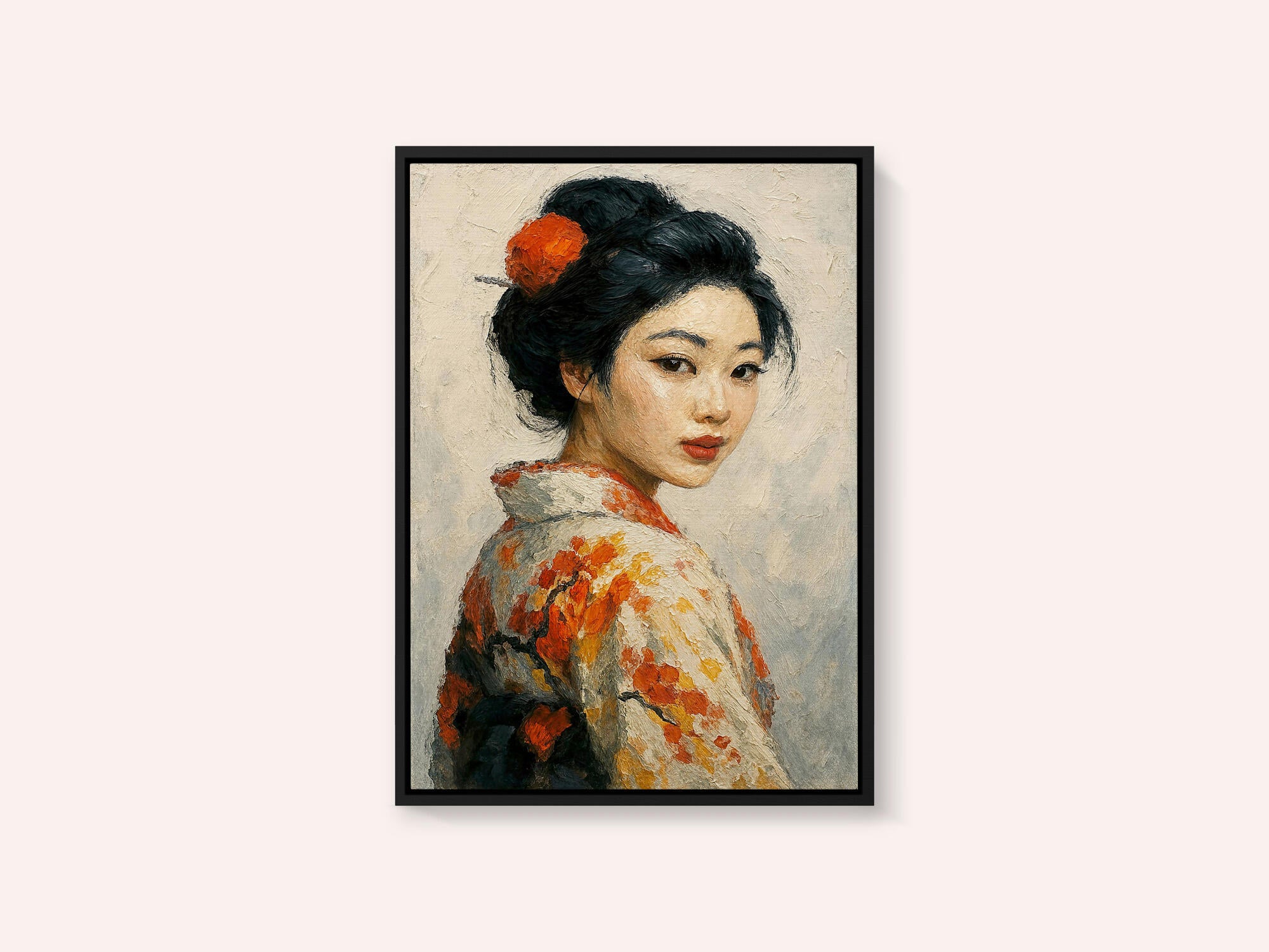 Portrait of a Japanese Geisha In a Floral Kimono