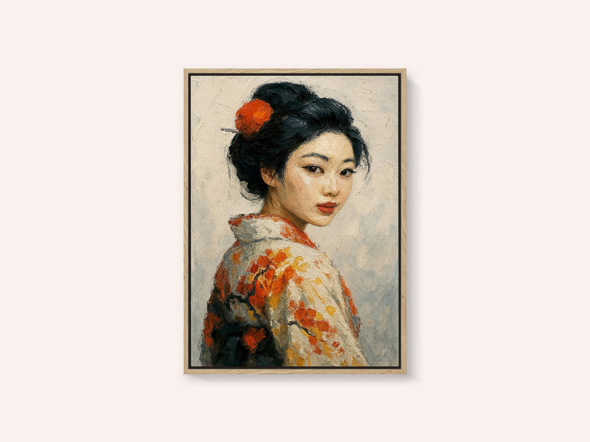 Portrait of a Japanese Geisha In a Floral Kimono