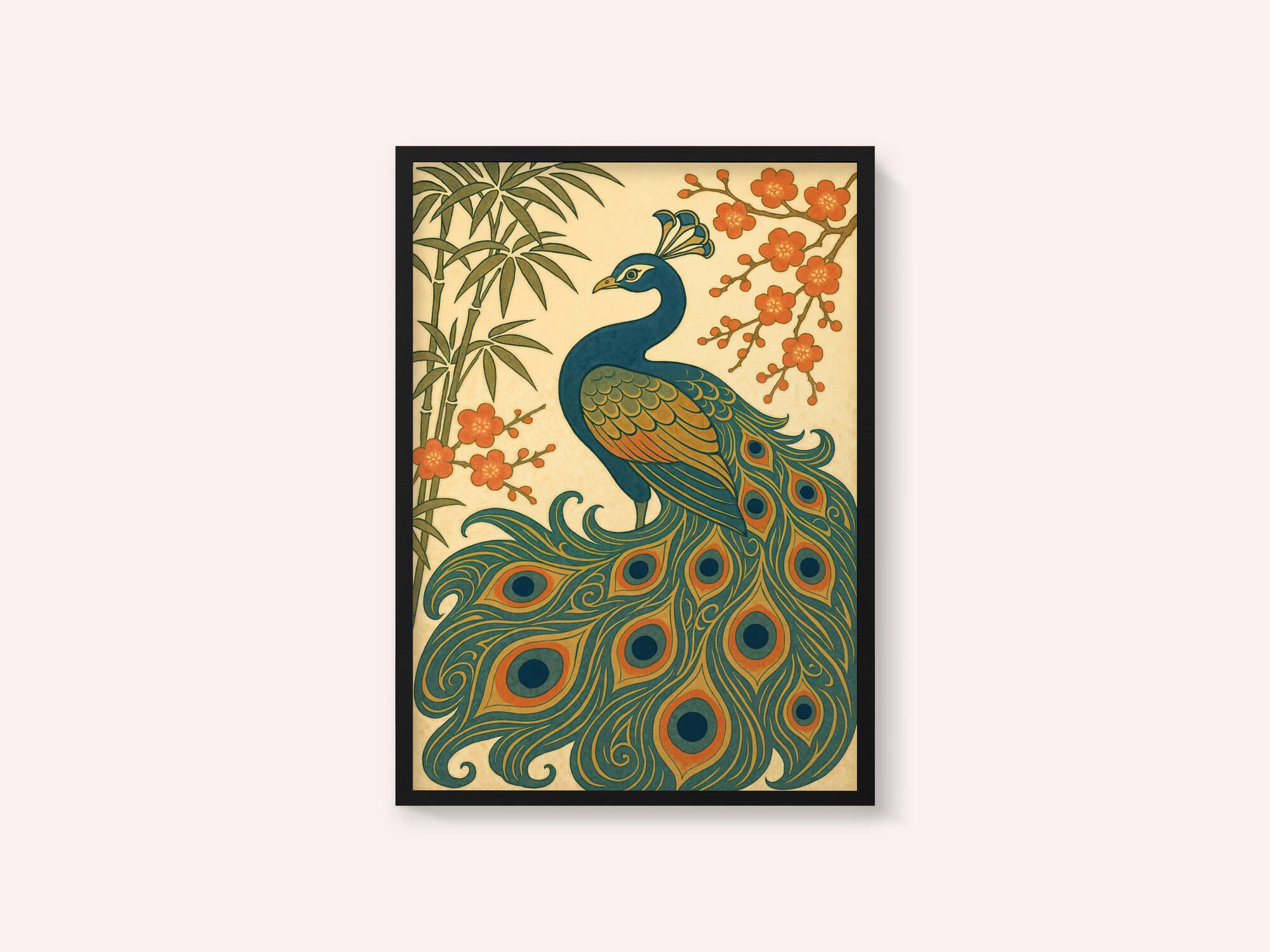 Ukiyo E Style Japanese Peacock With Bamboo and Blossom
