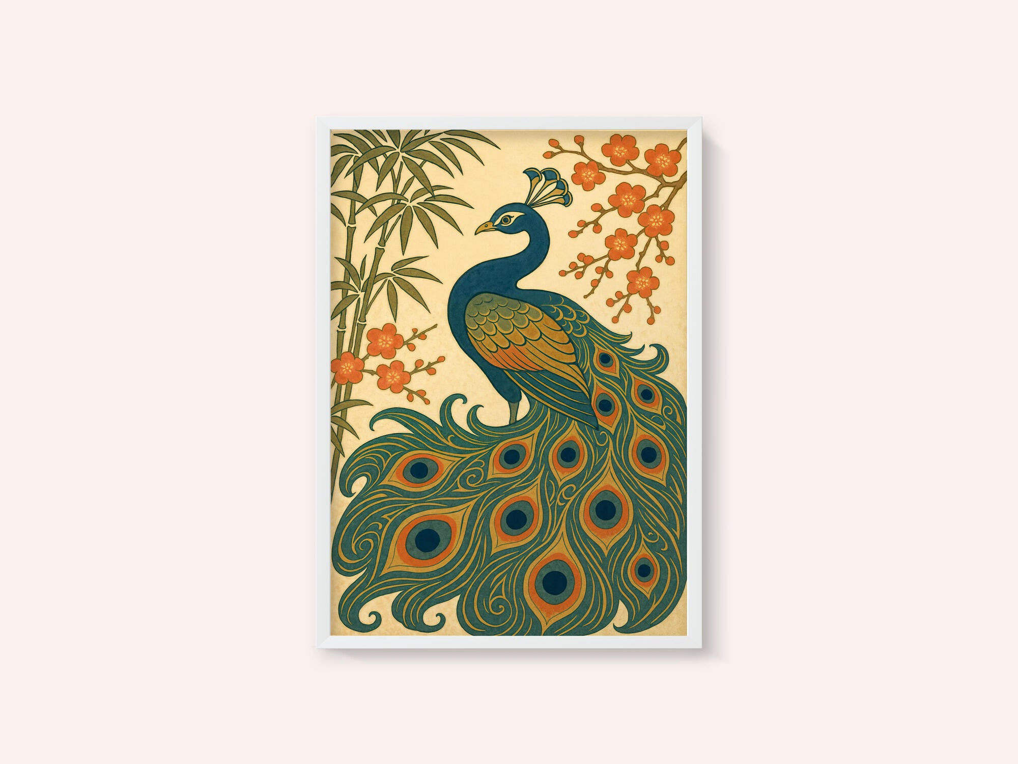 Ukiyo E Style Japanese Peacock With Bamboo and Blossom
