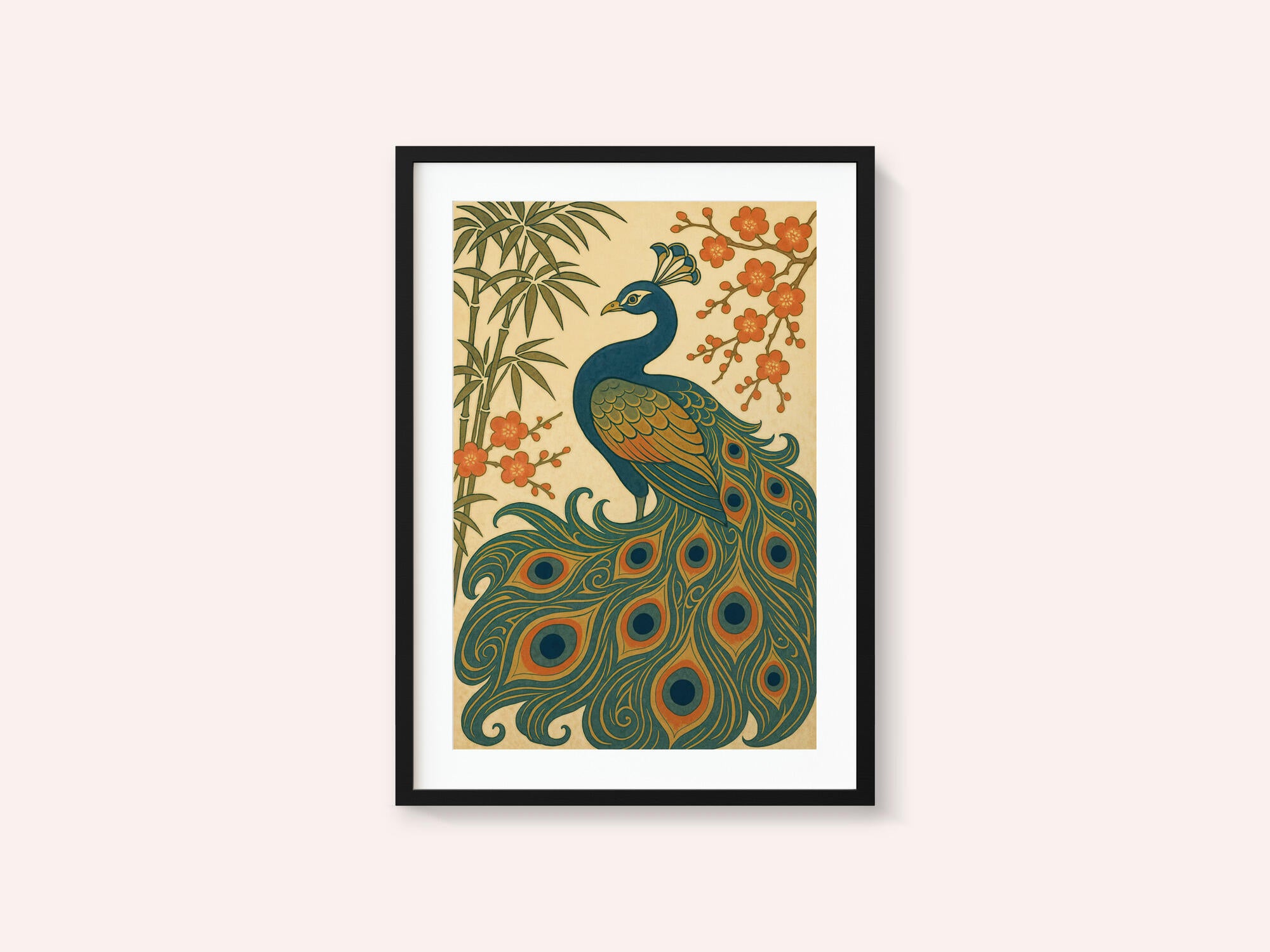 Ukiyo E Style Japanese Peacock With Bamboo and Blossom